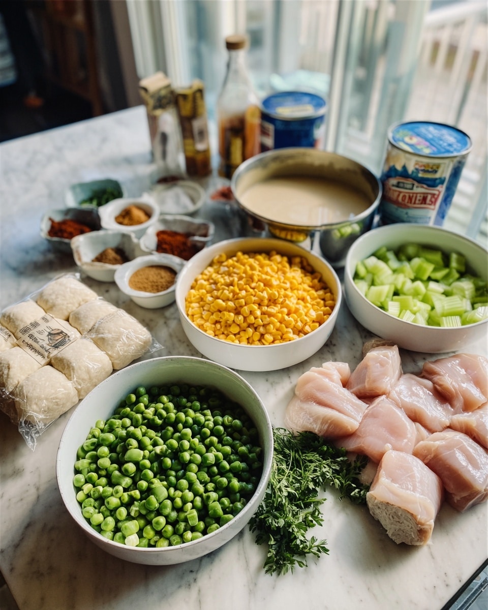 The image shows a kitchen counter with several white bowls and a large white bowl filled with different fresh ingredients. One white bowl has bright yellow corn, another has green peas, and another bowl holds diced green celery. A white bowl contains some thick beige liquid, likely broth or sauce. A pack of biscuit dough sits on the table along with raw pieces of pale pink chicken and fresh green herbs. There are small white bowls with spices in red and brown powders. The background is a white marbled surface and soft natural light comes from nearby windows. photo taken with an iphone --ar 4:5 --v 7