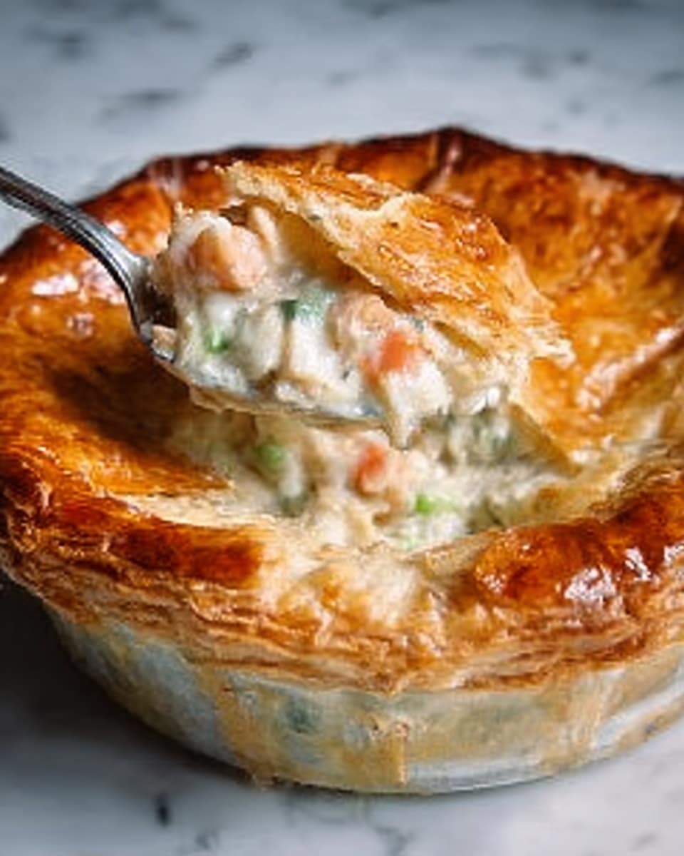 A golden brown, flaky pie crust covers a round dish, with a spoon lifting a section revealing the inside. Inside, there is a creamy white filling mixed with light green, orange, and pale pink pieces, suggesting vegetables and seafood. The crust looks crisp and slightly shiny, with a few cracks showing the filling underneath. The pie sits on a surface with a white marbled texture. photo taken with an iphone --ar 4:5 --v 7