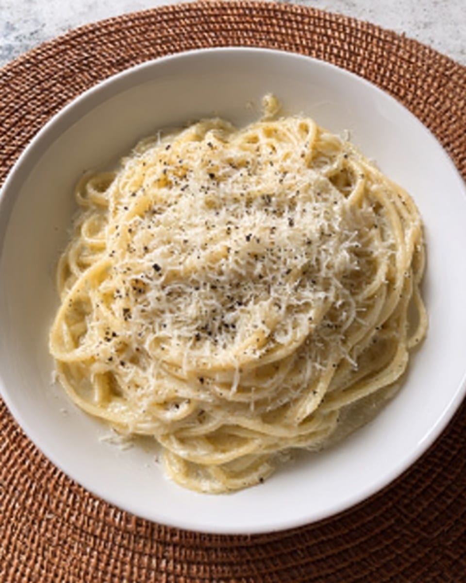 A round serving of creamy spaghetti is placed in the center of a white bowl. The spaghetti noodles are light beige, coated in a smooth cream sauce. On top, there is a layer of finely grated cheese, white and fluffy, sprinkled evenly with small black pepper bits. The bowl sits on a brown woven mat, with a white marbled surface beneath. Photo taken with an iphone --ar 4:5 --v 7