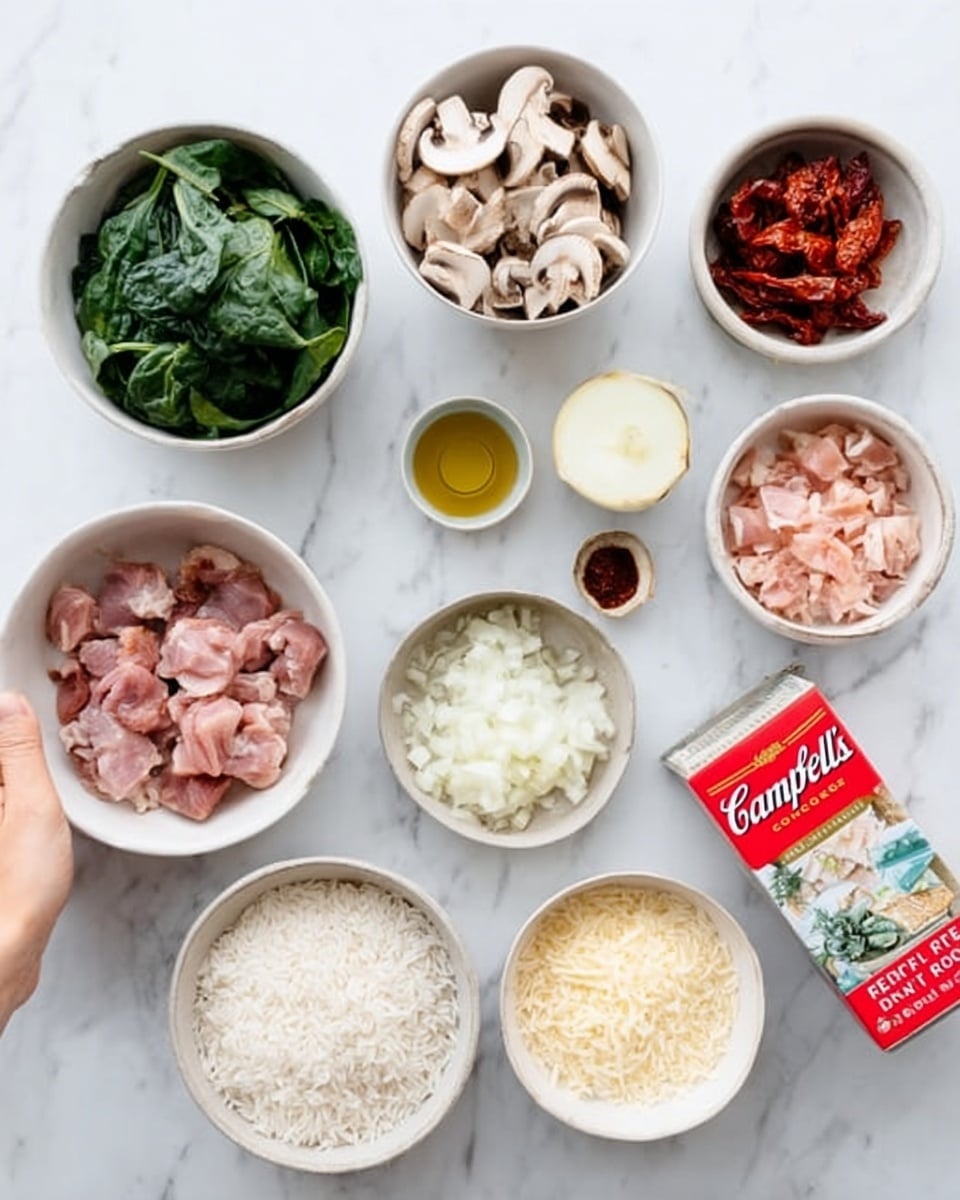 A top-down view of various cooking ingredients placed in small white bowls and containers on a white marbled surface. There is a bowl with green leafy spinach on the top left, beside a bowl filled with sliced white mushrooms, and another bowl with dried tomatoes. To the right, there is a small bowl with small pieces of pink ham, a small container of yellow oil, and a bowl with chopped white onions. Near the bottom left, there is a bowl containing raw pork chunks, and next to it a larger bowl filled with uncooked white rice. Below and slightly to the right of the rice bowl, there is a red and white box of Campbell's Real Stock. On the bottom right, a small plate with pale grated cheese and some butter. A woman's hand is seen holding one of the bowls slightly on the left side. photo taken with an iphone --ar 4:5 --v 7