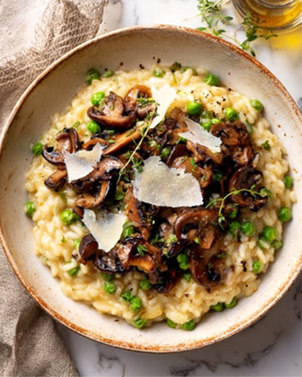 A round white bowl sits on a white marbled surface, filled with creamy risotto at the bottom layer, pale yellow with a slightly soft texture. On top, there is a layer of sautéed dark brown mushrooms mixed with some small green peas, adding color contrast. Large thin white shavings of cheese are scattered over the mushrooms. The dish looks warm and inviting. photo taken with an iphone --ar 4:5 --v 7