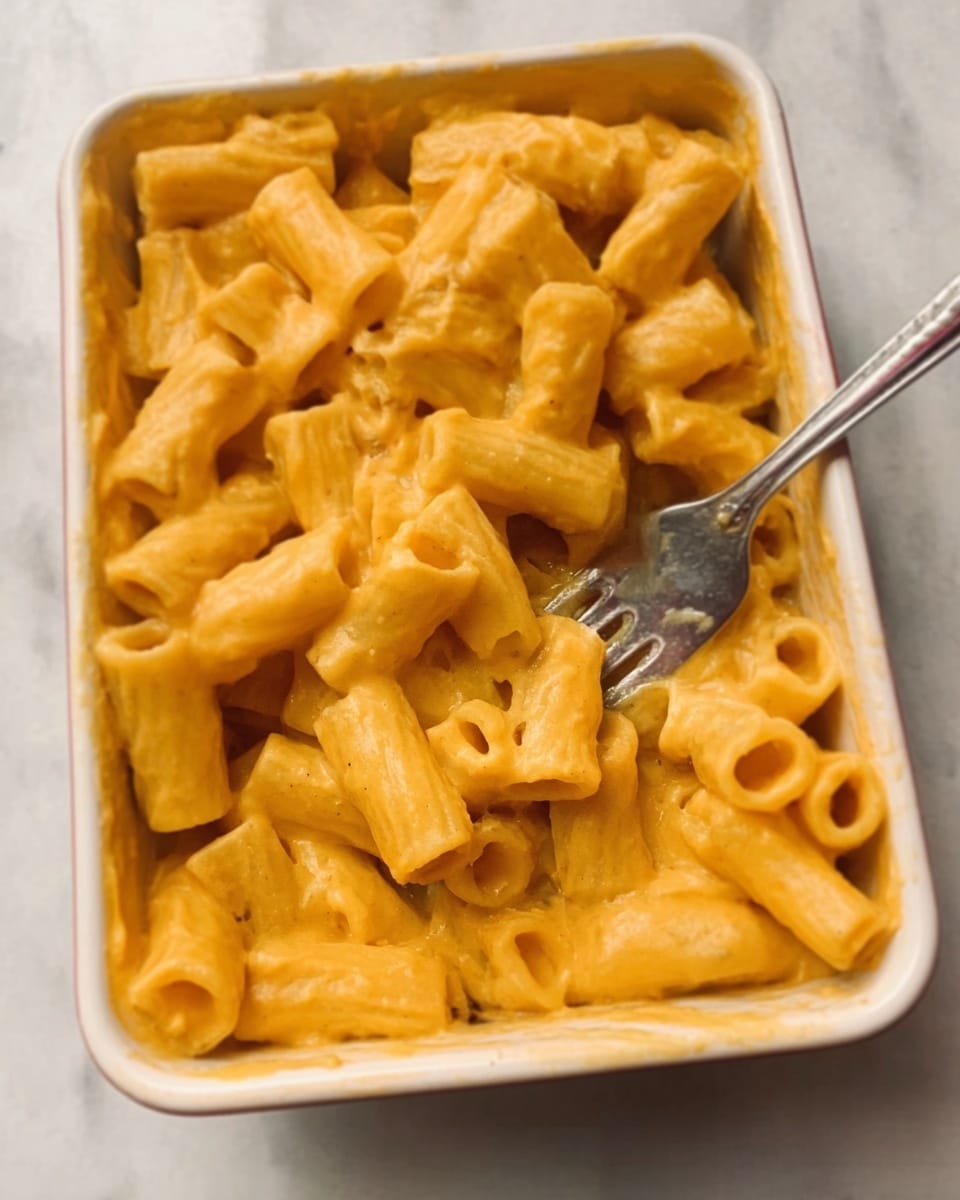The image shows a close-up of a rectangular white container filled with rigatoni pasta coated in a creamy orange-colored sauce. The pasta is short, tube-shaped, and piled high inside the container, with the sauce evenly covering the surface, giving it a smooth and slightly shiny texture. A silver fork is stuck into the pasta on the right side of the container, held by a woman's hand that is barely visible. The whole setup is on a white marbled surface. Photo taken with an iphone --ar 4:5 --v 7