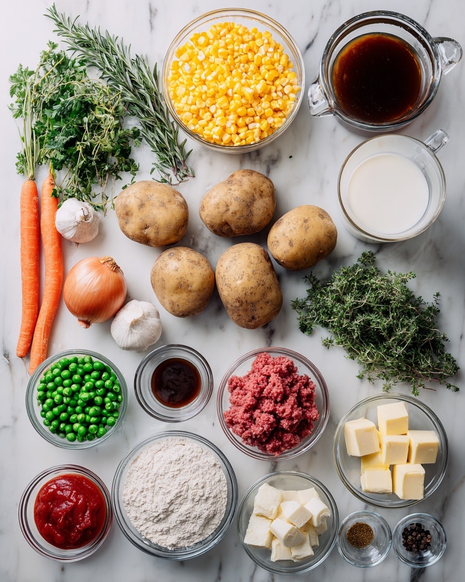The image shows many raw ingredients spread on a white marbled surface. There are four large brown potatoes placed in the center. Above them, a bowl holds yellow corn kernels, next to fresh green herbs like parsley, rosemary, and thyme. To the right, there is a clear glass cup of white milk and a bowl of brown broth. Below the broth are a bowl of green peas and small bowls with a dark brown liquid, black pepper, and clear liquid. On the left side, two orange carrots lie next to a whole onion and a small bowl with red tomato paste. Below the carrots are three garlic cloves, a bowl of white flour, and a glass bowl with raw red ground meat. Butter cubes and grated white cheese are also present in small clear bowls, along with a small cup holding a dark sauce. Photo taken with an iphone --ar 4:5 --v 7