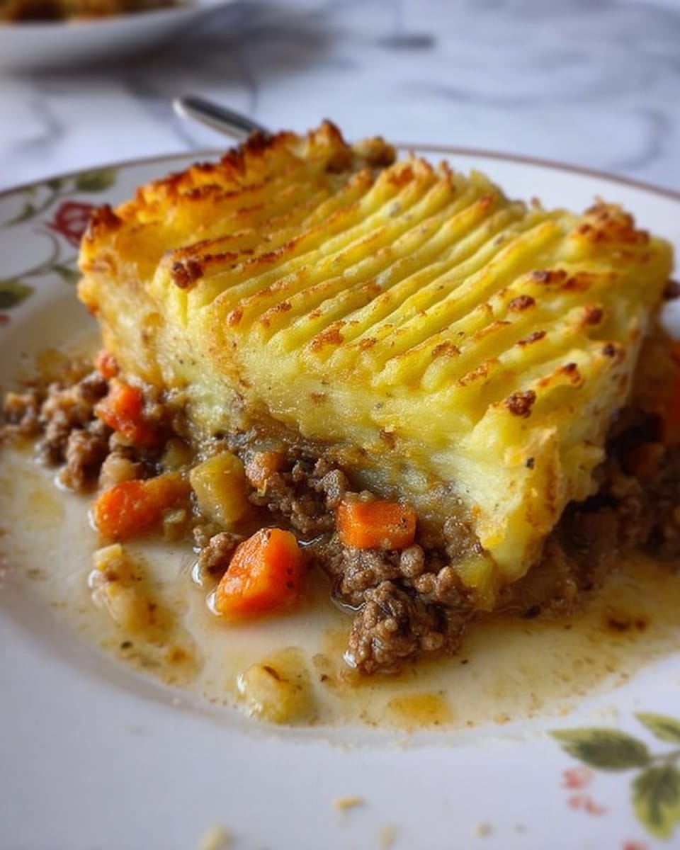 The image shows a piece of shepherd's pie served on a white plate with a floral pattern. The dish has two main layers: the bottom layer is a mix of cooked minced meat with small chunks of orange carrots and other muted vegetable pieces, all covered in a light brown sauce. The top layer is a golden-yellow mashed potato crust with ridged lines, showing a slightly crispy and textured surface. Some sauce spots are visible around the pie on the plate. The background is a white marbled texture. photo taken with an iphone --ar 4:5 --v 7