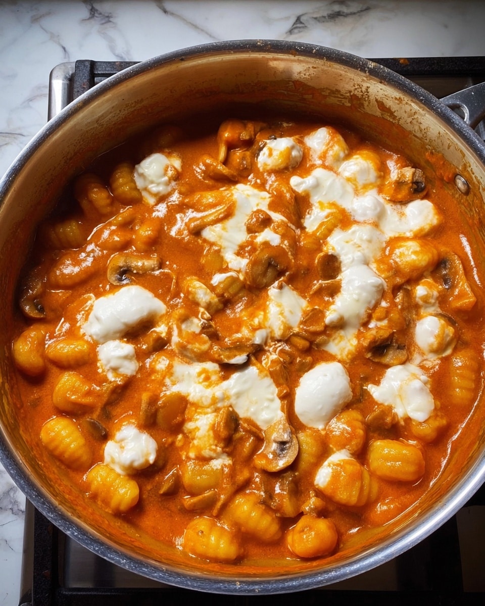 The image shows a large metal pot filled with gnocchi in a thick, bright orange tomato sauce. There are pieces of white melted cheese spread unevenly on top, mingling with the sauce, and chunks of light brown mushrooms visible throughout. The sauce looks rich and slightly chunky, covering most of the gnocchi, which are small and ridged. The pot is placed on a stove burner, and the background consists of a white marbled surface. photo taken with an iphone --ar 4:5 --v 7