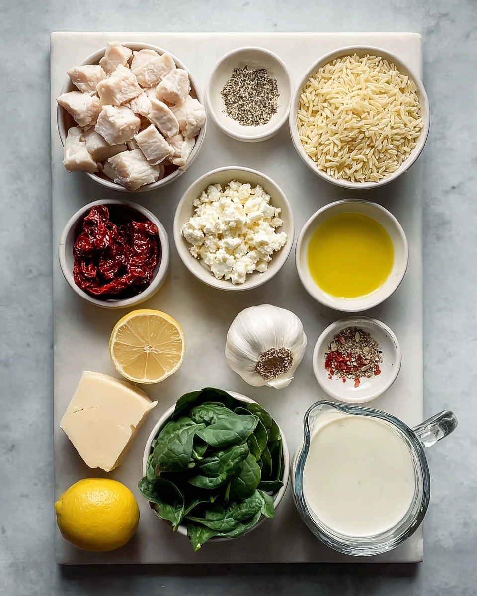 A flat white marbled board holds ten small white ceramic bowls and one glass jug arranged neatly. Starting from the top left, a bowl is filled with cubed white cooked meat with a smooth texture, next to it on the right is a bowl of pale yellow uncooked orzo pasta grains. Below the meat, a smaller bowl has white crumbly cheese pieces, and near the center, a whole bulb of garlic is placed. To the right of garlic, a bowl contains yellow olive oil, and beneath that is a clear glass jug filled with white milk or cream. To the left of the jug, a small bowl holds sun-dried red tomatoes, and below the cheese is a wedge of pale yellow hard cheese. Next to that, a small bowl contains a light mix of green and black dry herbs or spices, and above the tomatoes is a tiny bowl of red pepper flakes. Near the center left, a bigger bowl is filled with fresh dark green spinach leaves, and above the jug is half a lemon with a bright yellow flesh, its cut side facing upwards. The whole layout is tidy on the white marbled board. Photo taken with an iphone --ar 4:5 --v 7