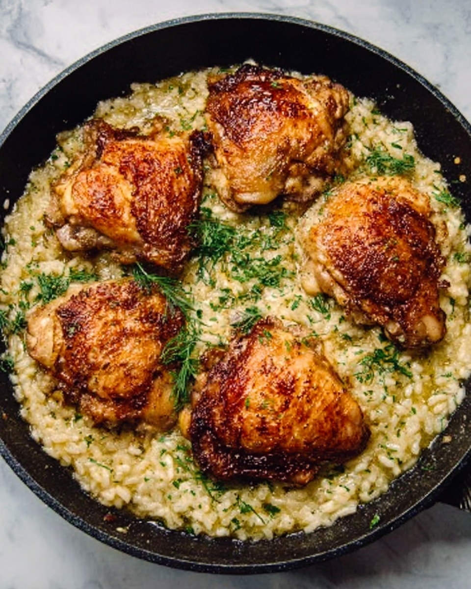 The image shows a black pan filled with creamy risotto topped with four pieces of cooked chicken with golden brown, crispy skin. The risotto is light beige with herbs mixed in and sprinkled on top, adding specks of green. The chicken pieces are placed evenly on the risotto, each with a slightly different size and shape, showing their crispy texture and browned edges. The background is a white marbled surface. Photo taken with an iphone --ar 4:5 --v 7