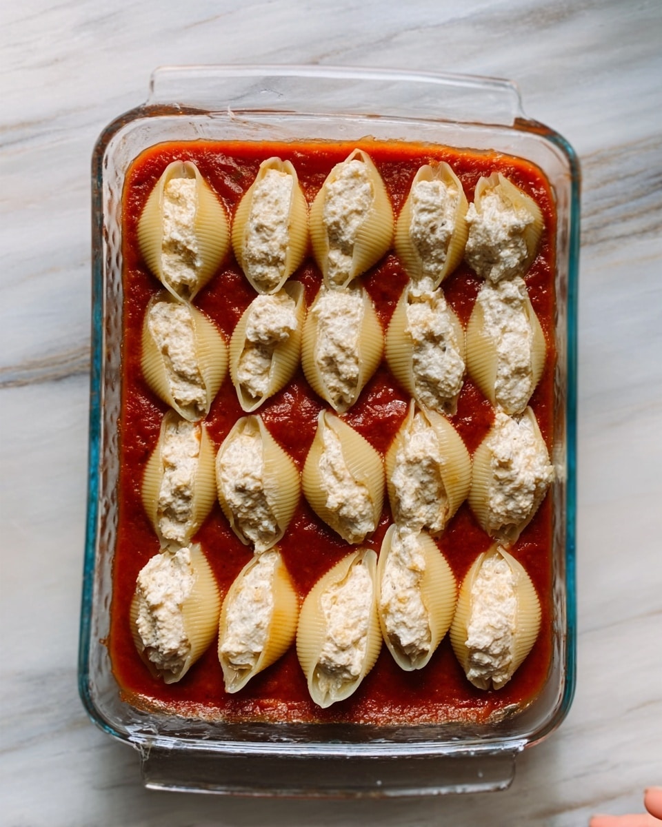 The image shows a clear rectangular glass dish filled with two layers. The bottom layer is a smooth and bright red tomato sauce, evenly spread across the dish. On top, there are 18 pasta shells arranged neatly in rows, each shell filled with a white, soft, and slightly crumbly cheese mixture. The texture of the cheese looks creamy yet firm, and the shells hold the filling well. The dish sits on a white marbled surface, and a woman's hand is slightly visible near the top right corner holding a glass lid. Photo taken with an iphone --ar 4:5 --v 7