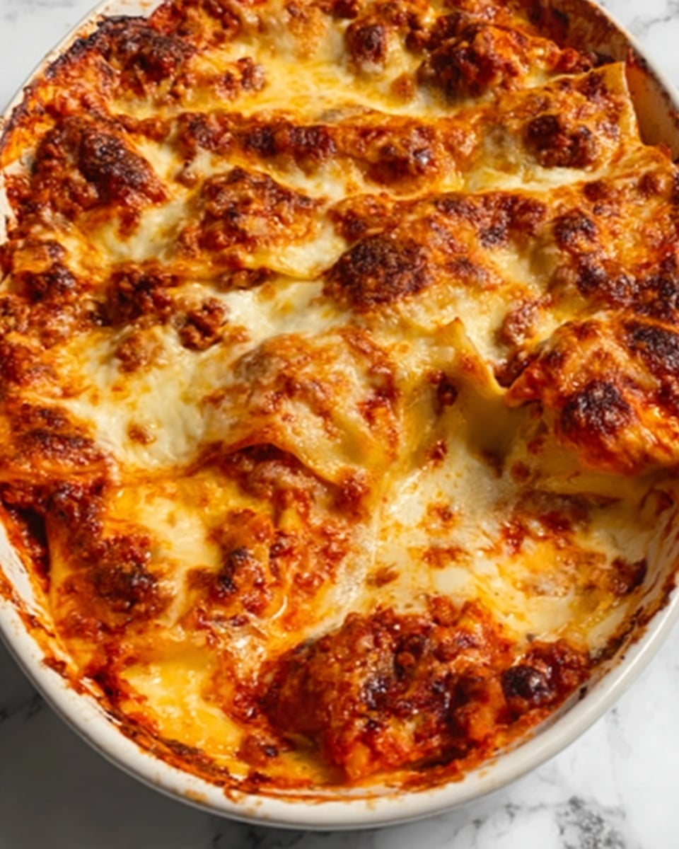 A white oval dish filled with a layered lasagna, showing a bubbling golden-brown top layer of melted cheese with slightly crispy edges. Below the cheese, there are thick layers of red tomato sauce mixed with browned meat, and visible smooth, creamy white melted cheese layers alternating with flat pasta sheets. The edges are slightly browned and the sauce looks rich and thick, giving a hearty and savory look. The background is a white marbled texture. Photo taken with an iphone --ar 4:5 --v 7