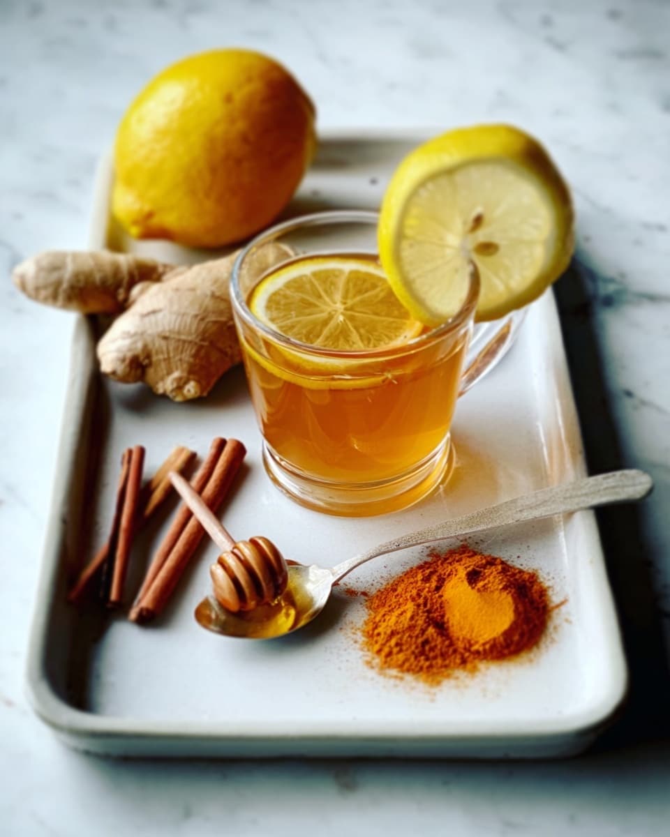A white tray on a white marbled surface holds a clear glass cup filled with golden honey tea, garnished with a thin lemon slice on the rim. Next to the cup, a whole yellow lemon and a piece of light brown ginger root rest on the tray. A silver spoon with a heap of orange-brown powdered spice lays flat, while two cinnamon sticks are placed nearby. A wooden honey dipper dripping honey is also on the tray. Photo taken with an iphone --ar 4:5 --v 7