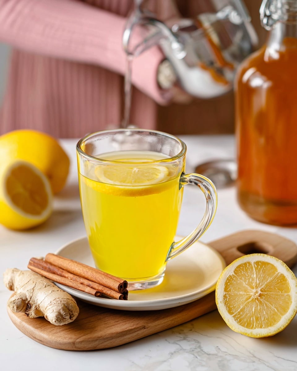 A clear glass mug filled with bright yellow liquid sits on a small white plate on a wooden board. Inside the mug, a thin slice of lemon floats on the surface, and a single brown cinnamon stick rests on the mug’s rim. Two more cinnamon sticks lie on the white plate beside the mug, along with a piece of fresh ginger root positioned in front. To the right of the mug, there is a half-juiced lemon with its textured, juicy inside visible. In the background, a second clear glass is being filled with liquid from a silver faucet, held by a person wearing a long-sleeve pink shirt. A large bottle filled with amber liquid is on the left, and a whole yellow lemon is seen near the bottle. All of this is arranged on a white marbled surface. photo taken with an iphone --ar 4:5 --v 7
