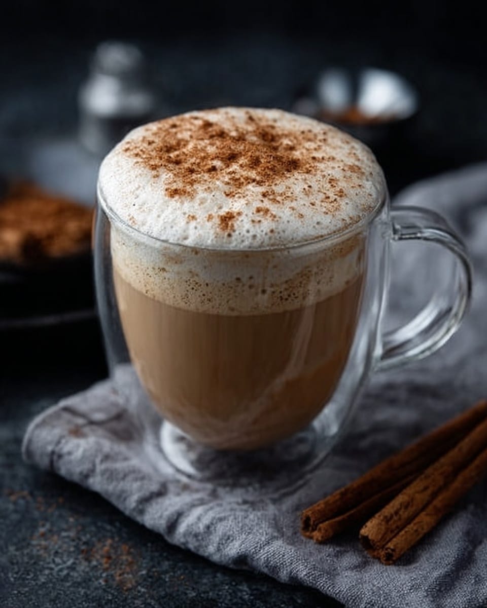 A clear glass cup filled with light brown coffee topped with a thick layer of white foam sprinkled with cinnamon powder. The cup sits on a dark surface with a soft cloth and cinnamon sticks nearby. The foam has a smooth texture while the coffee below is creamy and warm-looking. Photo taken with an iphone --ar 4:5 --v 7