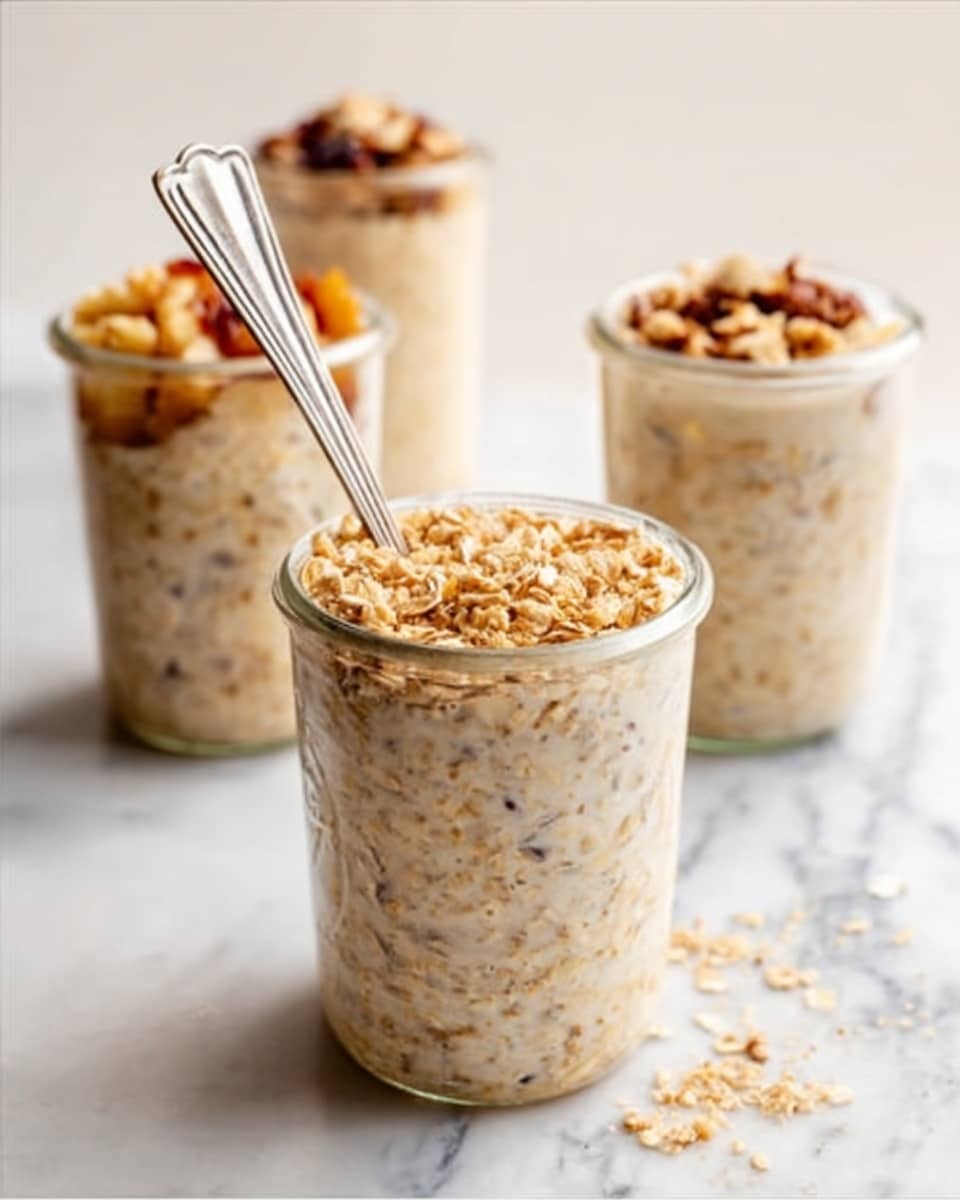 The image shows three clear glass jars filled with a creamy oatmeal mixture that has small pieces of fruit mixed inside. The jar in the front has a silver spoon sticking out and is topped with a layer of crushed nuts, light brown and crumbly in texture. The two jars in the background appear similar but one has larger fruit pieces on top, mixed with oats. All jars sit on a white marbled surface, with soft natural light coming from the left side. photo taken with an iphone --ar 4:5 --v 7