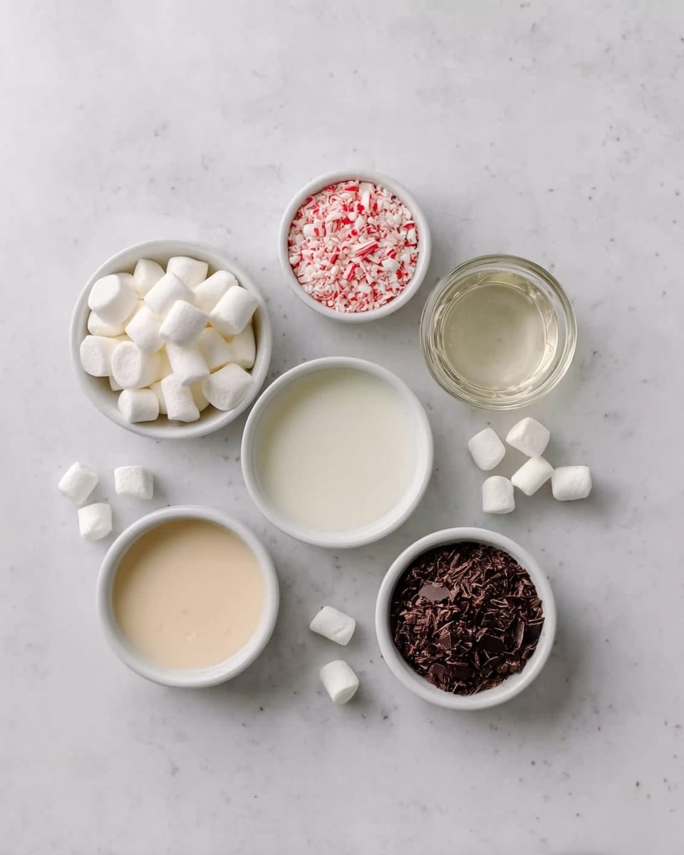 The image shows several small white bowls arranged on a white marbled surface. The bowls contain different ingredients: one bowl holds small white marshmallows, another has crushed red and white peppermint candy, the third has semi-melted white creamy liquid, the fourth contains clear liquid, the fifth holds a light tan creamy mixture, and the last one contains fine dark brown chocolate shavings. The bowls are spaced apart neatly, and small marshmallows are scattered on the surface nearby. The overall scene is clean and bright. Photo taken with an iphone --ar 4:5 --v 7