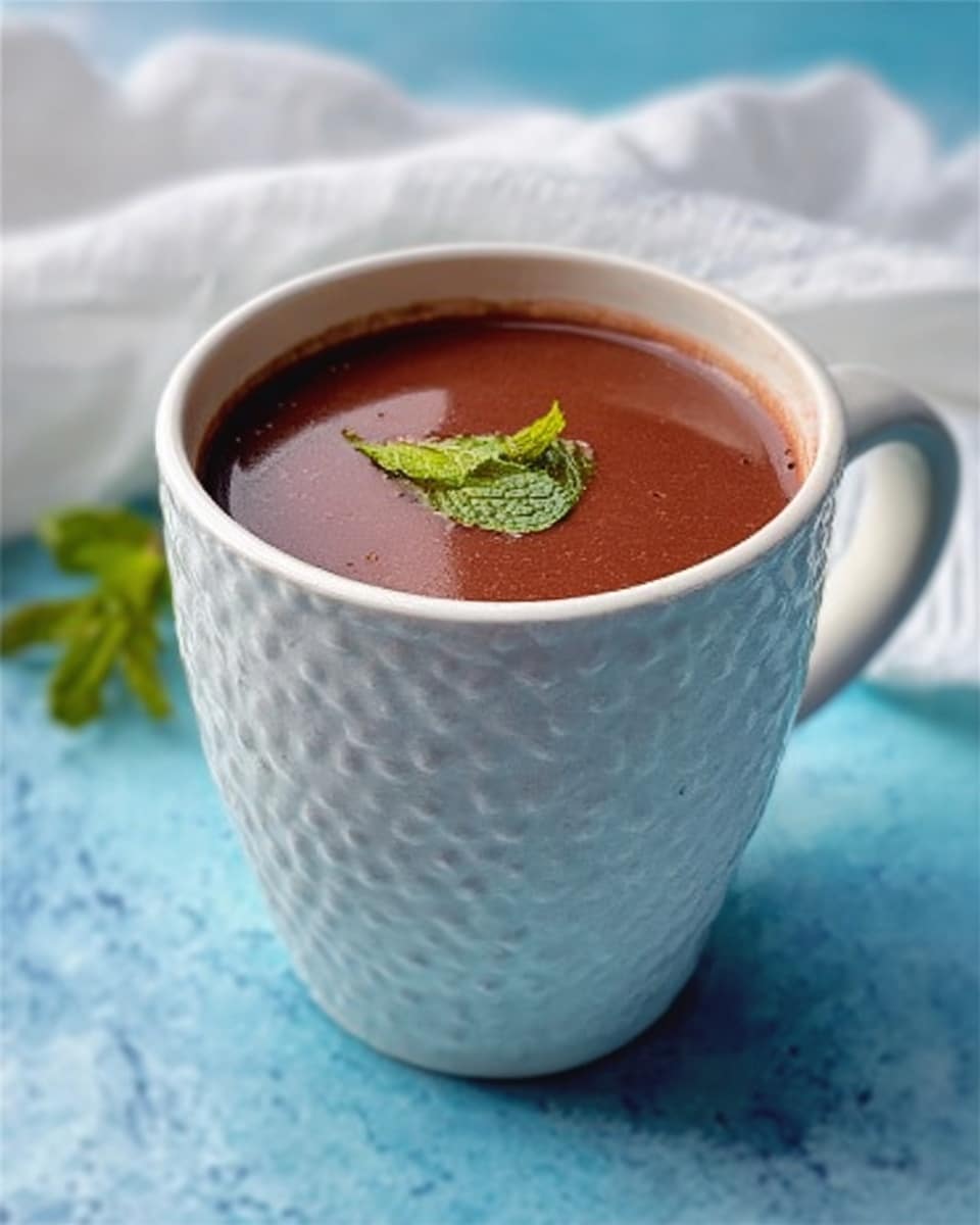 A white mug with a textured pattern is filled with smooth dark chocolate drink, topped with a small sprig of green mint floating on the surface. The mug is placed on a bright blue surface with a soft white marbled background blurred in the distance. A soft white cloth is slightly visible beside the mug. The image is clean and simple, highlighting the rich chocolate color and fresh green garnish. Photo taken with an iphone --ar 4:5 --v 7