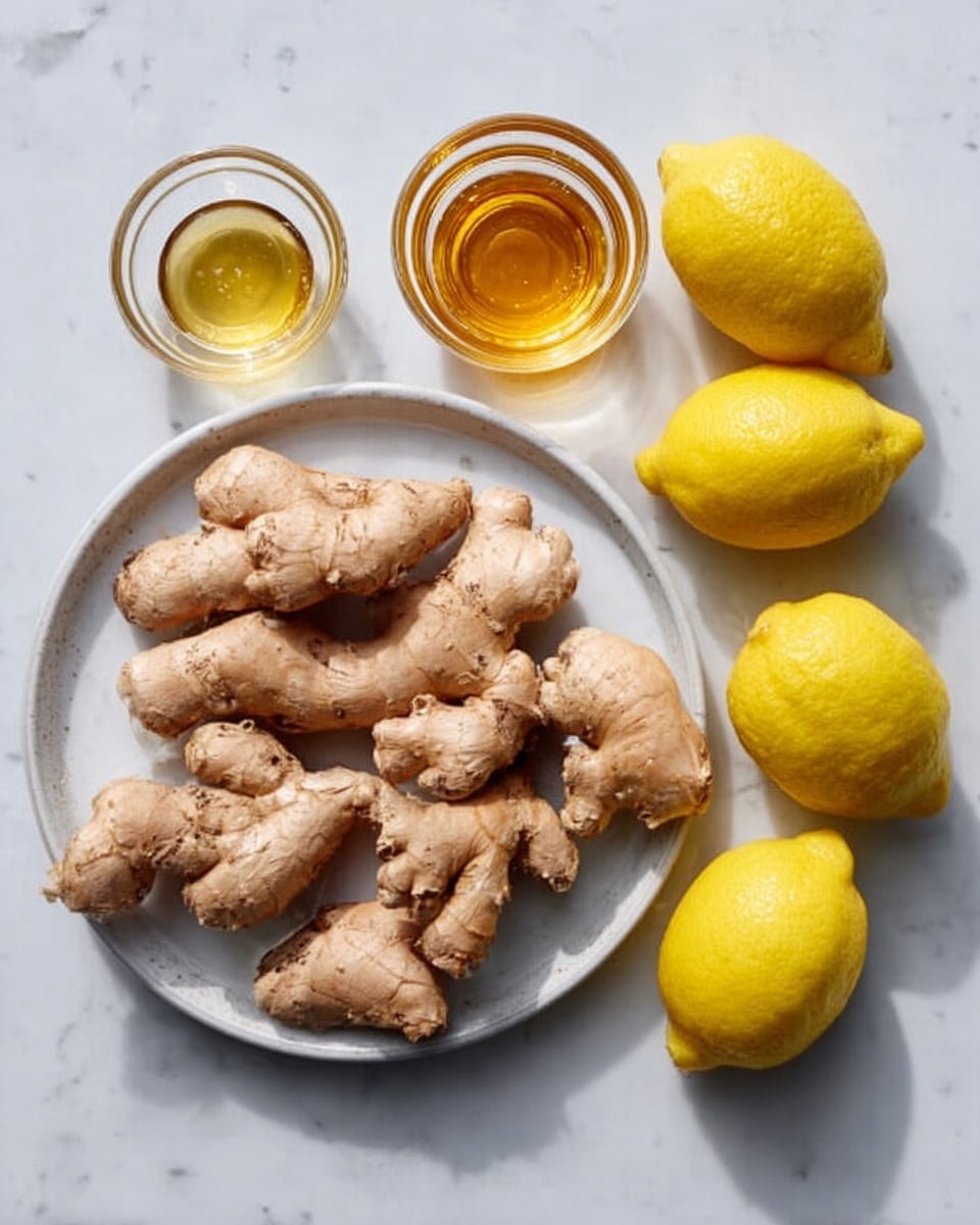 The image shows a white round plate filled with fresh, light brown ginger roots placed on a white marbled surface. To the right of the plate, there are five bright yellow lemons scattered casually. Above the plate, there are two small clear glass bowls, one containing golden honey and the other empty. The colors are natural and vibrant with a simple clean look. photo taken with an iphone --ar 4:5 --v 7