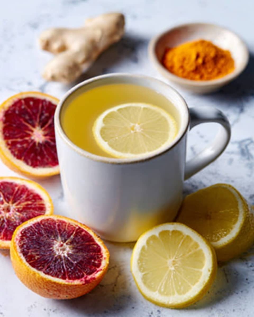 A white mug filled with a yellowish drink sits on a white marbled surface, topped with a thin round lemon slice on the rim. Around the mug, there are bright yellow lemon halves and red-purple blood orange halves, showing their juicy textured inside. Behind the mug, there is also a piece of ginger and a small bowl with orange powder, all placed on the white marbled surface. The colors are bright and fresh, with the white mug contrasting nicely against the vibrant fruits and spices. Photo taken with an iphone --ar 4:5 --v 7
