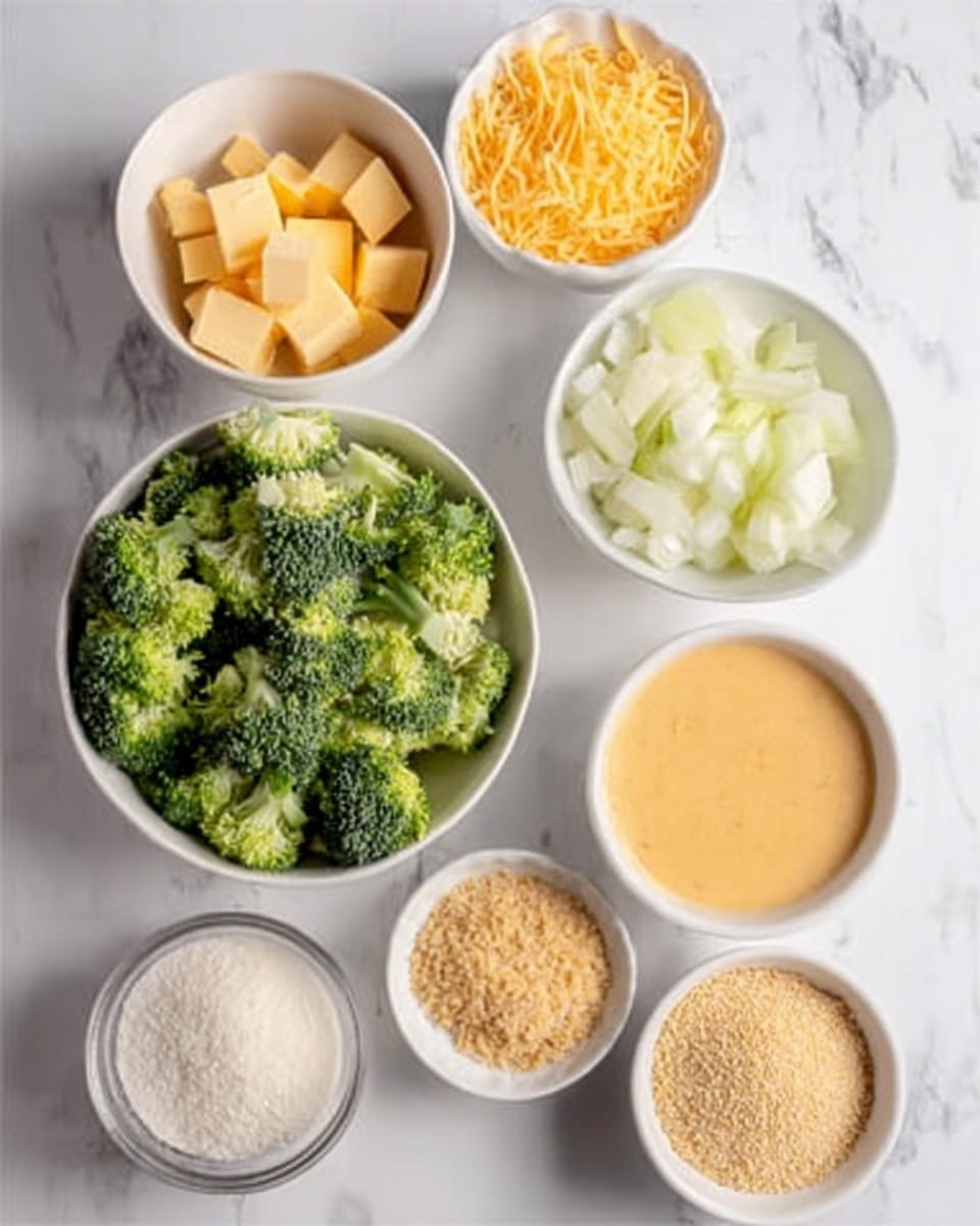 The image shows several white bowls placed on a white marbled surface, each bowl containing different ingredients. One bowl has chopped broccoli, showing bright green florets with a fresh texture. Another bowl contains diced white onions with a slightly translucent appearance. There are small cubes of yellow cheese in another bowl, and a separate bowl contains a creamy, light orange sauce. A bowl with fine white granulated sugar and another with light brown breadcrumbs or grated cheese are also present. A woman's hand is not in this image. The overall look is clean and organized, with the bowls arranged neatly. Photo taken with an iphone --ar 4:5 --v 7