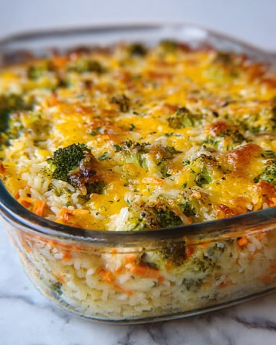 A clear glass baking dish filled with a baked rice and vegetable casserole. The top layer is golden yellow with melted cheese, browned in some spots, giving it a crispy texture. Below the cheese, there are layers of green broccoli florets mixed with orange shredded carrots and white rice grains visible in the mix. The casserole looks moist and well cooked, with some herbs sprinkled on top for color and flavor. The dish is sitting on a white marbled surface. photo taken with an iphone --ar 4:5 --v 7