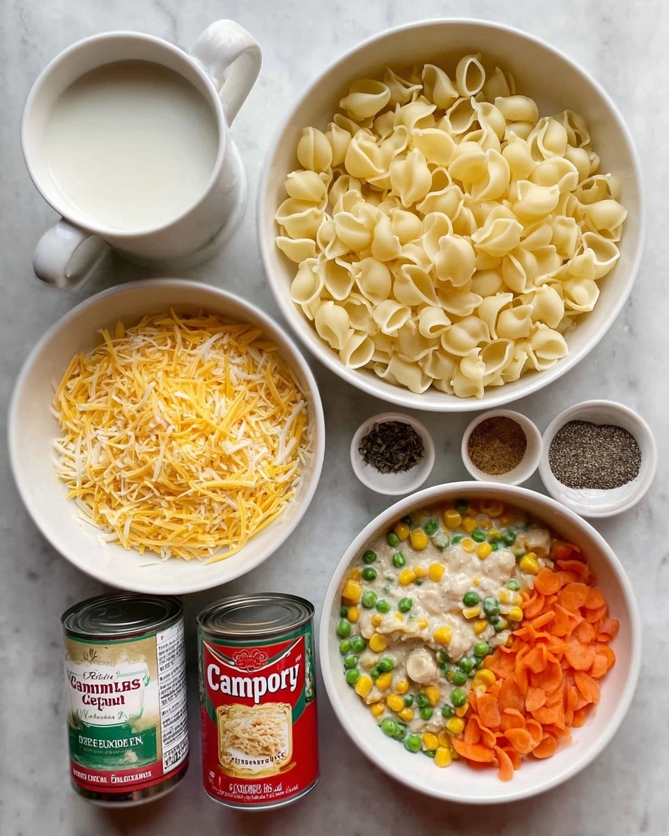 The image shows a white marbled surface with various cooking ingredients arranged neatly. There is a white cup filled with milk on the top left, next to a white bowl of small pasta shells. To the right, a larger white bowl holds dry egg noodles, and below it is a white bowl filled with a mix of vegetables including corn, peas, and carrots. In the bottom row, there is a small white bowl with shredded cheese on the left, two cans next to each other in the center—one of cream of celery soup and one of cream of chicken soup—and a can of sliced carrots on the right. There is also a small white bowl with black pepper and another spice placed next to the cheese. Photo taken with an iphone --ar 4:5 --v 7