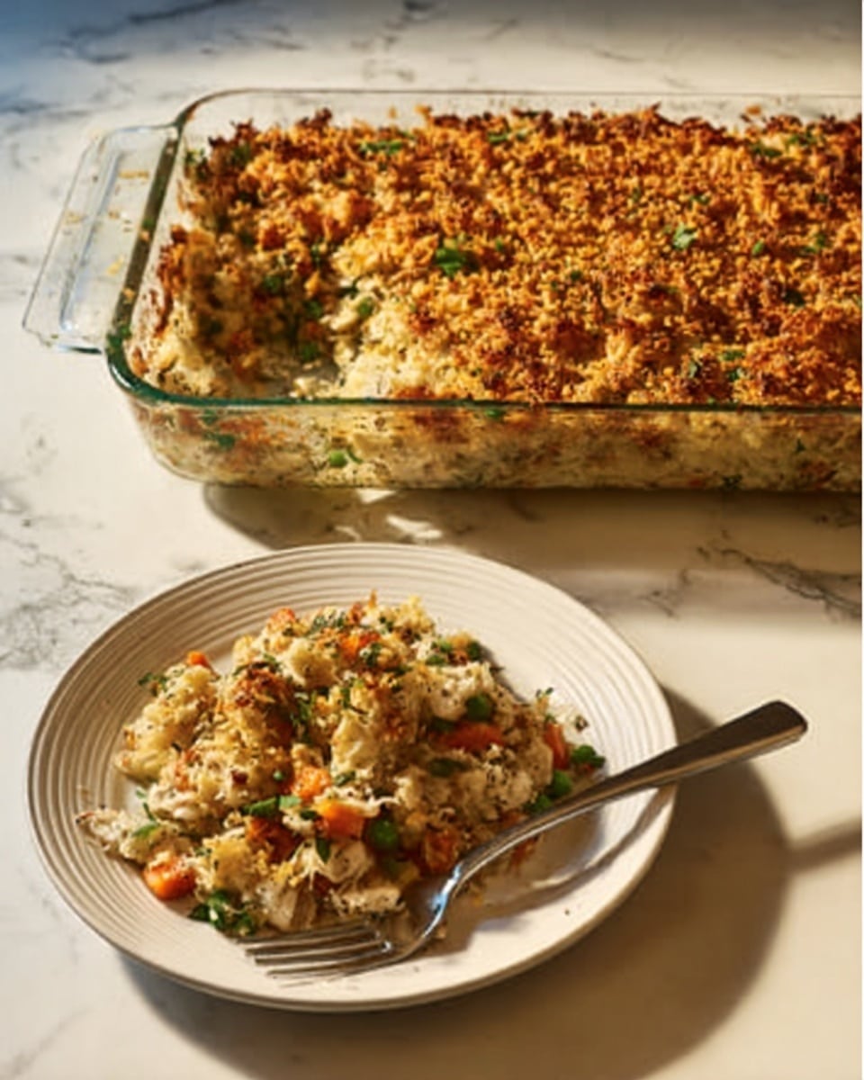 The image shows a glass baking dish filled with a golden-brown casserole topped with a crunchy layer, resting on a white marbled surface. In front of the dish, a round white plate holds a generous serving of the casserole, revealing visible chunks of white meat, green herbs, and small orange carrot pieces mixed inside. A silver fork is placed on the plate, next to the food. The lighting is warm and natural, highlighting the texture and colors of the dish. Photo taken with an iphone --ar 4:5 --v 7
