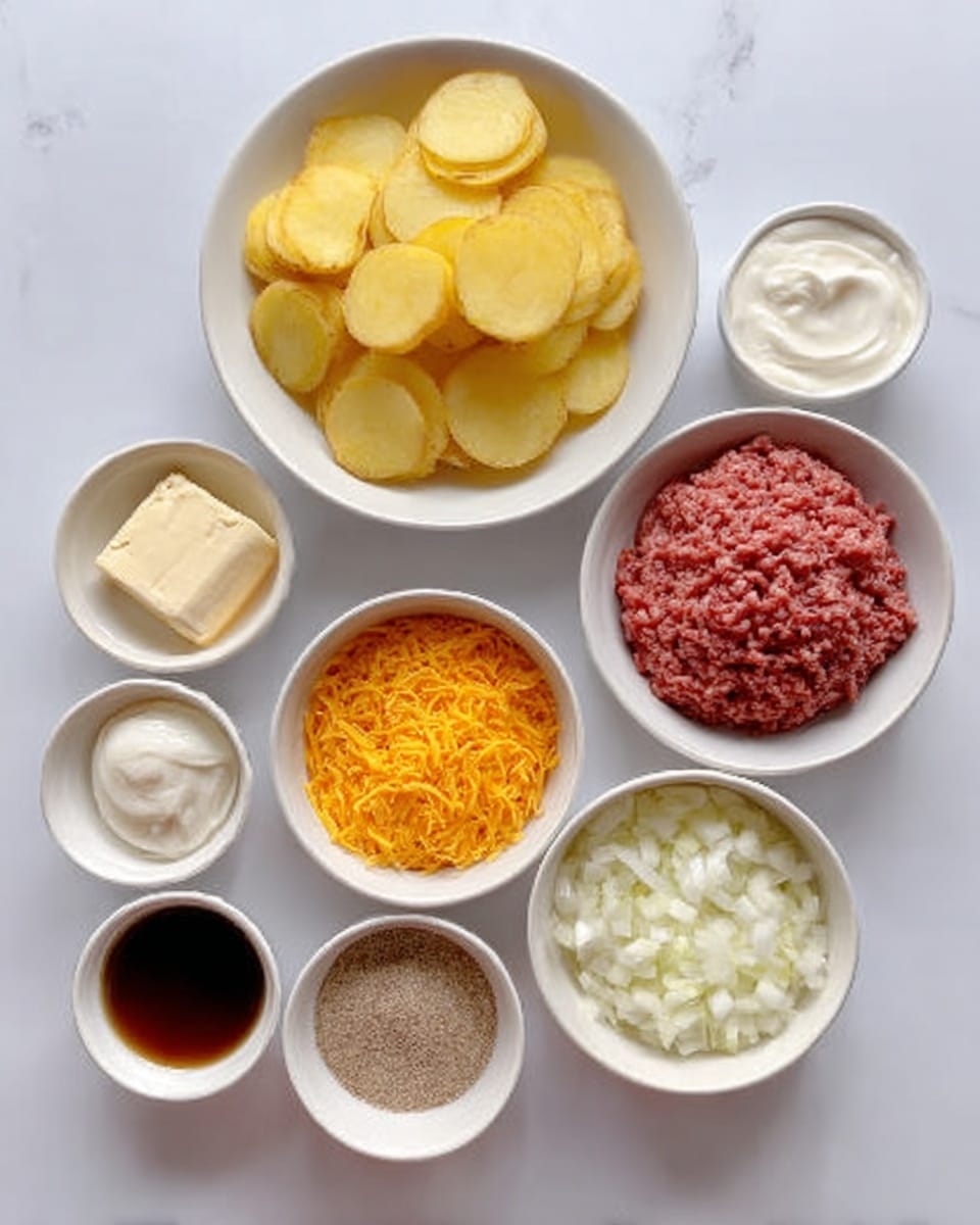 The image shows several white bowls and a white plate placed on a white marbled surface. There is one bowl filled with sliced yellow potatoes, one bowl with raw ground beef, one bowl with grated orange cheese, one bowl with white sour cream, one bowl with dark brown liquid sauce, one bowl with light brown dry seasoning, and one bowl with finely chopped white onions. Each bowl is neatly arranged around the center, creating a clear, organized view of the ingredients. Photo taken with an iphone --ar 4:5 --v 7