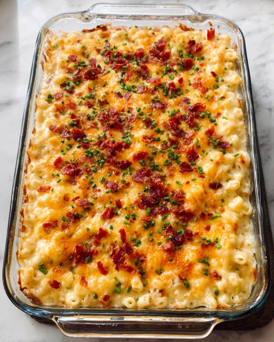 A glass rectangular casserole dish filled with creamy macaroni and cheese. The mac and cheese shows a golden brown melted cheese layer on top, sprinkled with small bits of crispy bacon and chopped green herbs. The cheese has a smooth and slightly bubbly texture with some browned spots, giving a rich and tasty look. The dish is placed on a white marbled surface. Photo taken with an iphone --ar 4:5 --v 7