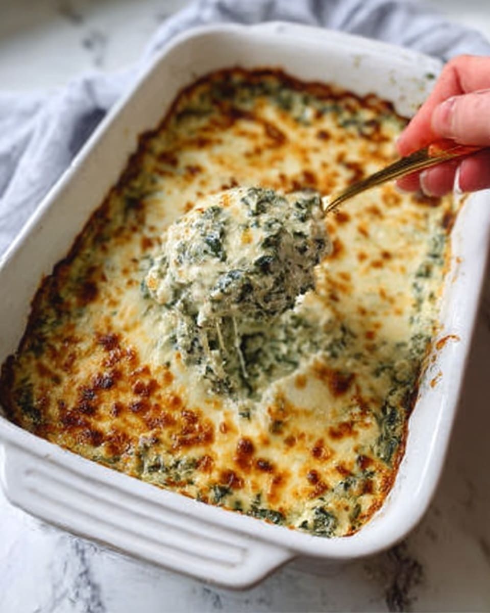 A white baking dish filled with creamy spinach dip topped with a golden-brown melted cheese layer that looks bubbly and slightly browned in spots. The dip beneath is thick and creamy with visible chopped spinach mixed throughout in a pale green and white color. A spoon is scooping out a portion, showing a layered texture of cheese on top and the creamy spinach mixture underneath. A woman's hand holds the dish on one side, and the background features a white marbled surface. photo taken with an iphone --ar 4:5 --v 7