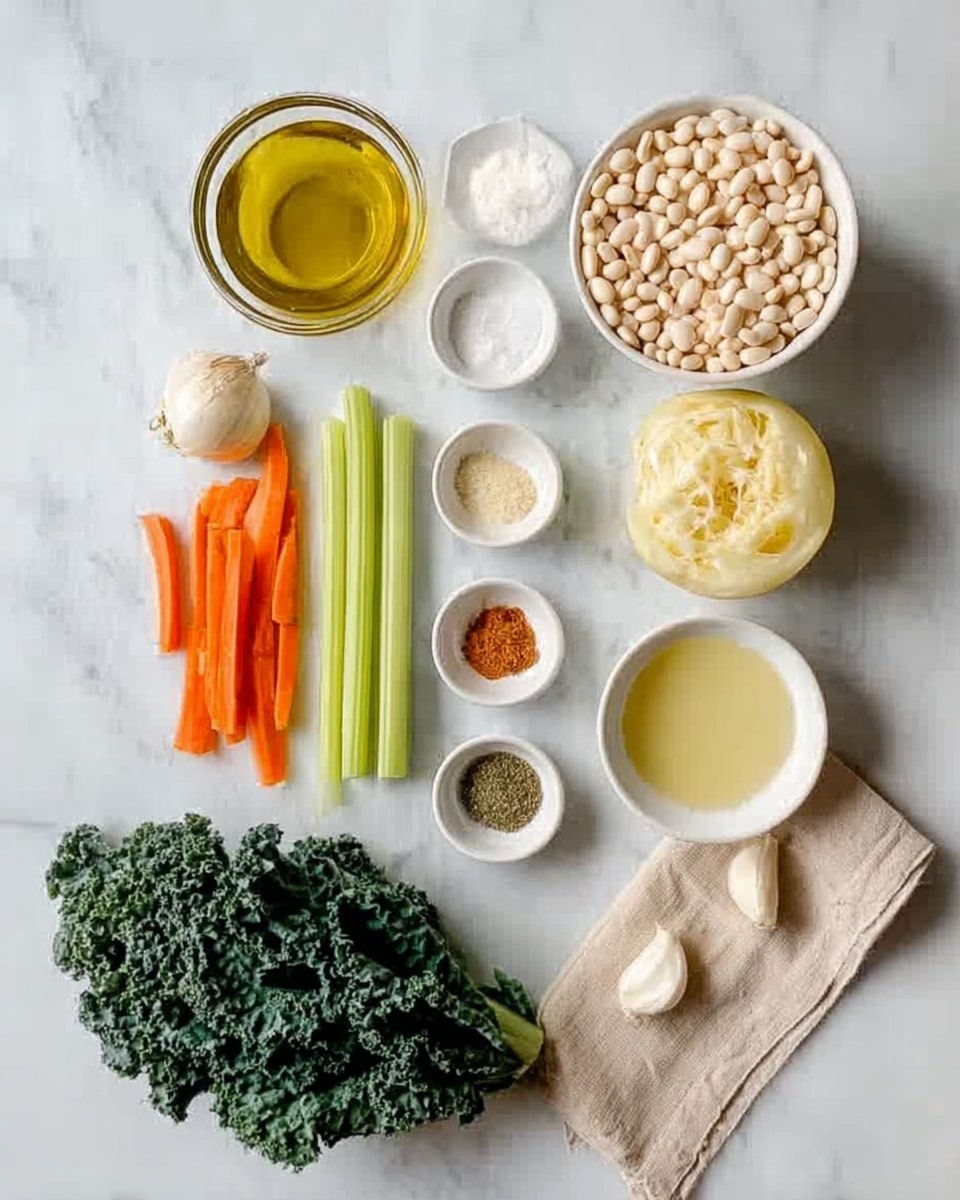 The image shows ingredients for cooking arranged neatly on a white marbled surface. At the top right, there is a clear bowl filled with small white beans. To its left is a white bowl with golden oil, and next to it a white bowl with a white grain, likely salt or sugar. Below these, there is a peeled white onion, and small white bowls with green and brown powdered spices. Two bright orange carrot sticks and two light green celery sticks lay vertically on the left side. Below these, there is a fresh bunch of dark green kale. To the right of the kale is a halved pale yellow vegetable, possibly a squash, placed in a white bowl with pale yellow liquid inside. Additionally, there are four garlic cloves near the white bowl and a small beige cloth on the bottom right corner. The arrangement is clean and simple, showing fresh ingredients ready for cooking. photo taken with an iphone --ar 4:5 --v 7