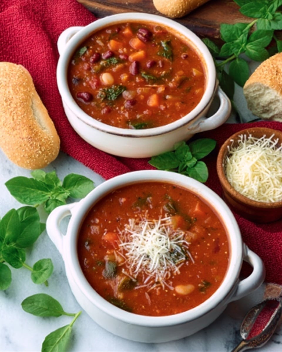 The image shows two white casserole bowls filled with thick tomato soup that has visible chunks of vegetables and beans. One bowl is placed slightly behind the other, with the nearer bowl topped with a small amount of shredded cheese. Both bowls sit on a white marbled surface, surrounded by fresh green leaves and two pieces of crusty bread to the right on the surface. A small white bowl with shredded cheese is placed to the side on a red cloth. The scene is bright and cozy, capturing a warm and fresh meal setting. Photo taken with an iphone --ar 4:5 --v 7