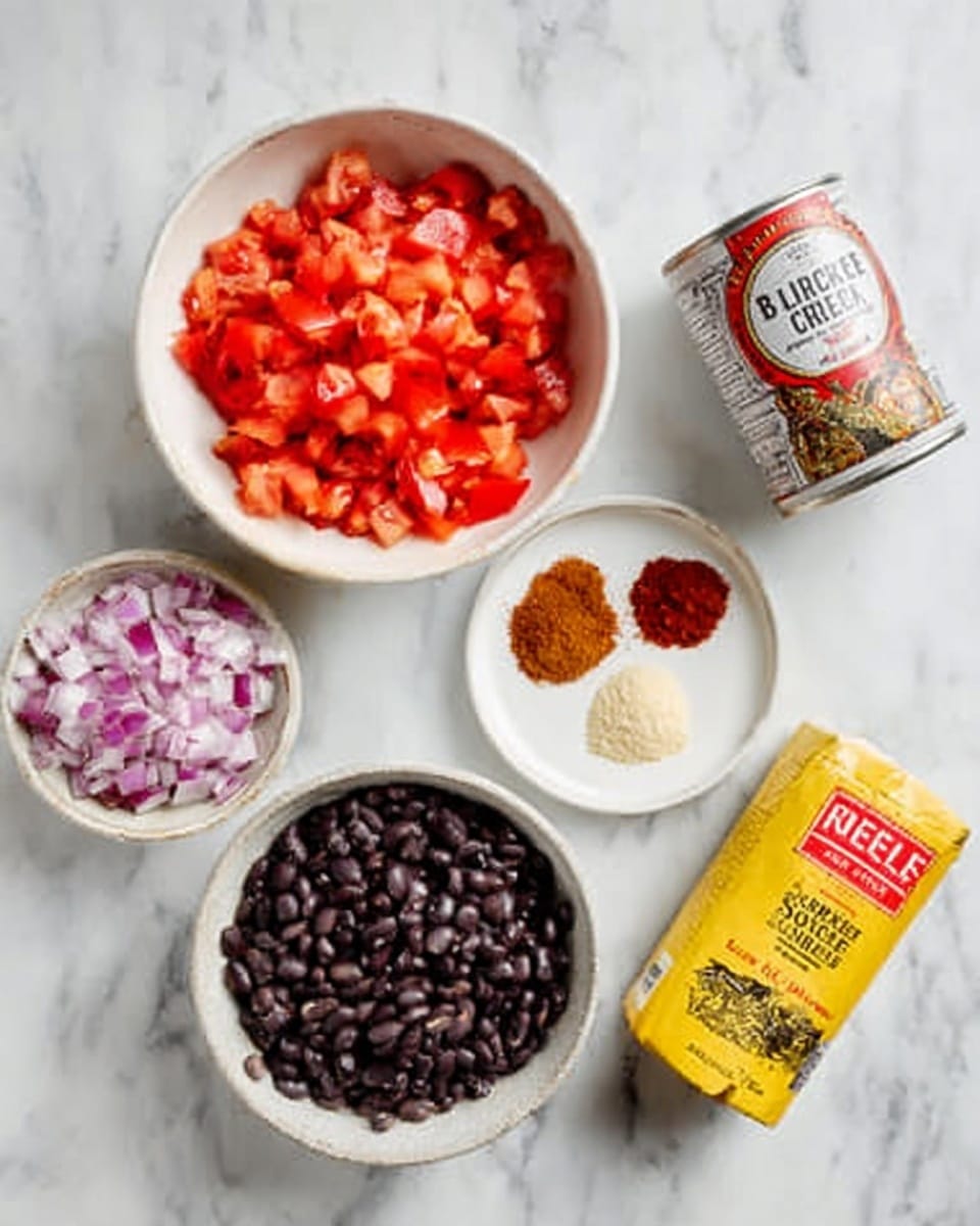 The image shows five items on a white marbled surface: a white bowl containing chopped red tomatoes, chopped red onions, and minced garlic together; a small white plate with four small piles of spices in red, brown, and light brown colors; a white bowl filled with black beans; a can of black beans with red and white labeling; and a yellow package of brown sugar sitting flat. A woman's hand is not visible in the image. Photo taken with an iphone --ar 4:5 --v 7