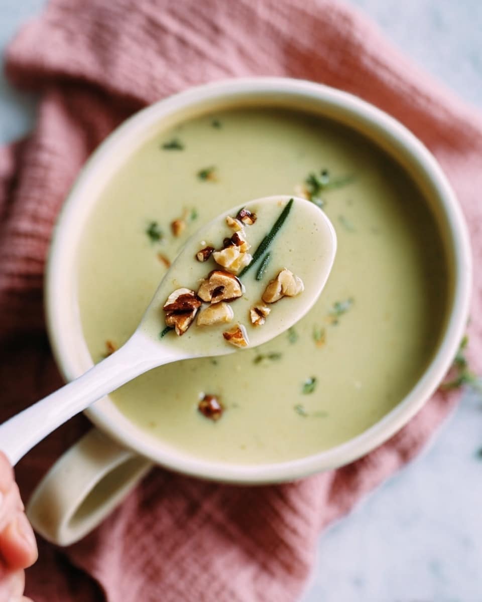 A white bowl filled with creamy light green soup with small bits of nuts and green herbs floating on the surface, a woman's hand holding a white spoon full of the soup with visible nut pieces above the bowl, the background showing a soft pink cloth, all set on a white marbled texture photo taken with an iphone --ar 4:5 --v 7
