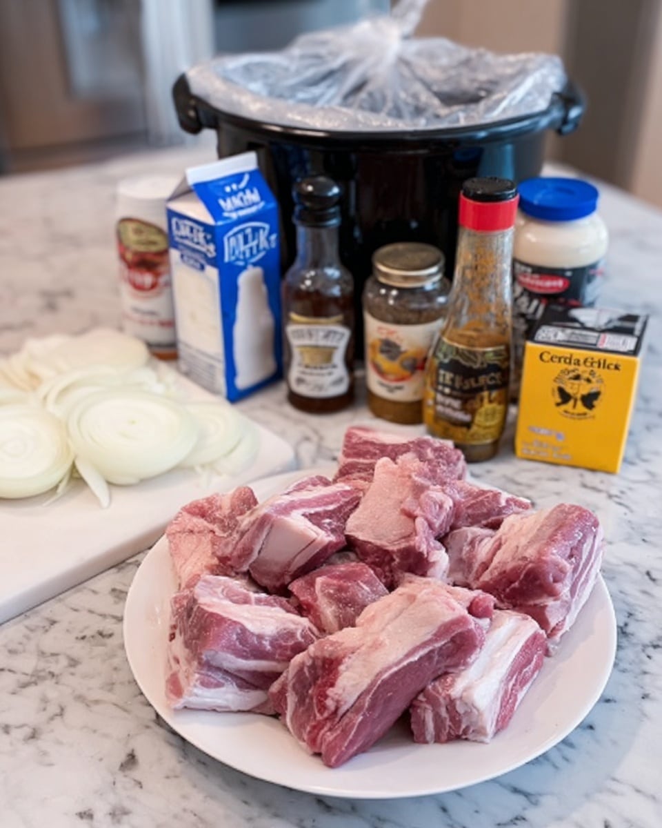 The image shows a white plate in the front filled with raw pieces of pink and white marbled meat with visible fat layers. To the left of the plate, a white cutting board holds sliced white onions. Behind these, there is a slow cooker covered with a clear plastic bag. Surrounding the slow cooker, there are several seasoning bottles and containers: a carton of milk, a black pepper grinder, a bottle of soy sauce, a yellow jar labeled 