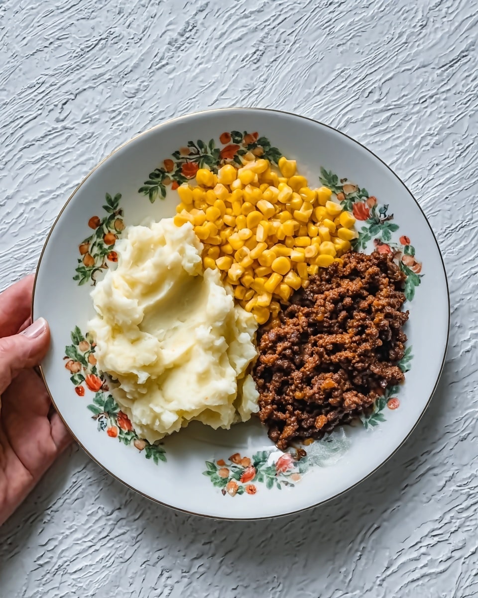The image shows a round white plate with small colorful fruit designs around the edge placed on a white marbled surface. The plate is divided into three parts: one part has creamy white mashed potatoes with a smooth texture, another part contains bright yellow corn kernels that look soft and juicy, and the last part has a portion of dark brown cooked ground meat with a slightly crumbly texture. A woman's hand is holding the plate from the left side. Photo taken with an iphone --ar 4:5 --v 7