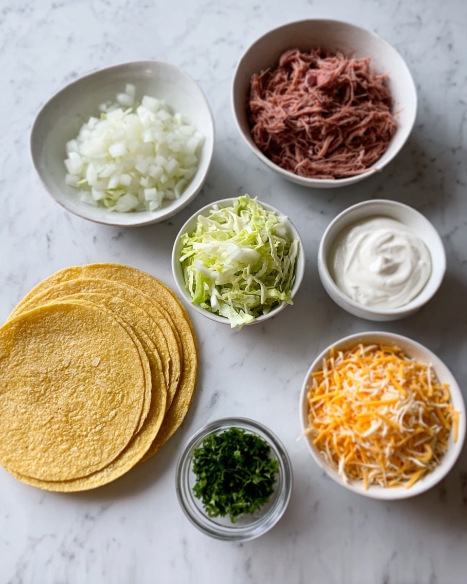The image shows six white bowls and four yellow corn tortillas arranged on a white marbled surface. The four tortillas are stacked on the left side. The top left bowl contains white minced onions, next to it is a bowl with thin green cabbage slices. Below, there is a bowl filled with white sour cream and to its right, a small bowl filled with chopped green herbs. At the top right, a bowl with reddish shredded meat sits next to a bowl of shredded orange cheese. The lighting is soft and natural, and overall the image looks clean and fresh. Photo taken with an iphone --ar 4:5 --v 7