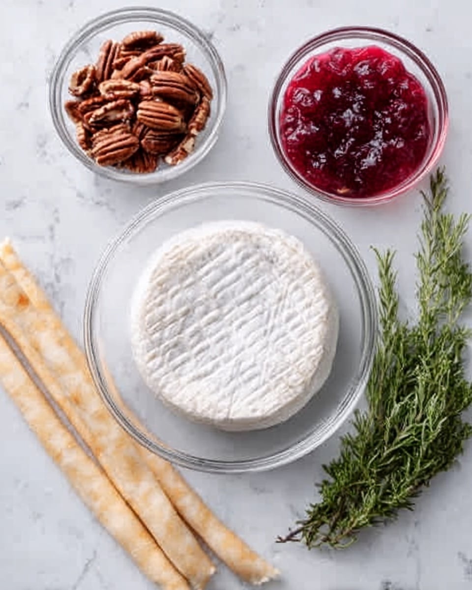 The image shows a clear glass bowl with a round wheel of soft, white cheese featuring a smooth, slightly textured surface with grid-like marks on top at the center. To the upper left is a small clear bowl filled with whole brown pecans. Above the cheese bowl, there is another small clear bowl containing bright red jelly with a glossy, slightly chunky texture. To the right lies a small bunch of fresh green rosemary sprigs with needle-like leaves. On the left side, there are two long, thin, beige pastry strips placed on a white marbled surface. The photo taken with an iphone --ar 4:5 --v 7
