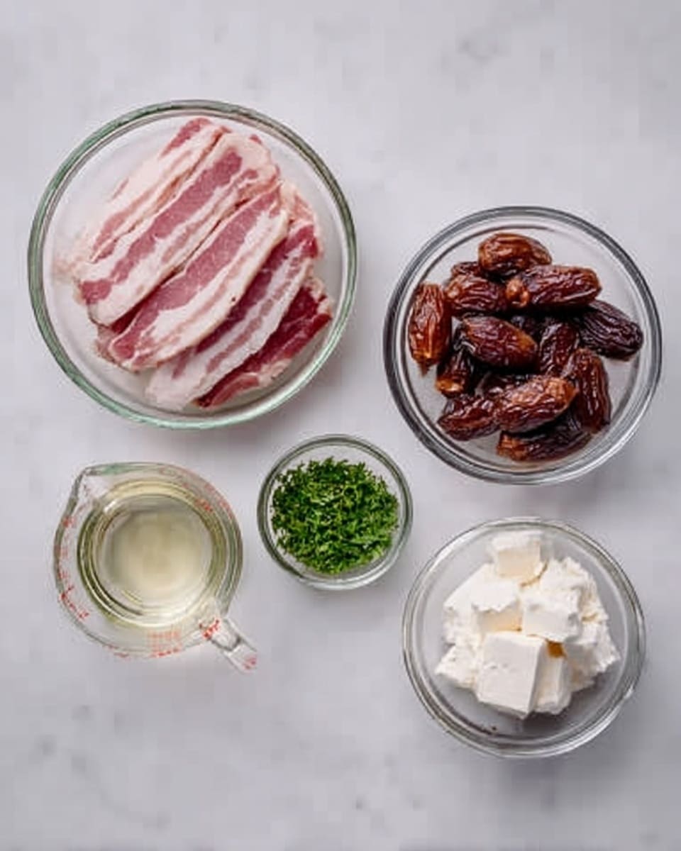 The image shows five small glass bowls arranged on a white marbled surface. In the largest bowl at the top left, there is raw bacon with a pink color and white fat streaks, folded neatly. To the right of it, a smaller bowl is filled with dark brown dried dates that have a shiny texture. Below the bacon bowl and to the left, a small glass measuring cup contains a clear liquid. In the center bottom, a tiny bowl has finely chopped green herbs. Finally, on the bottom right, a small bowl holds white soft cheese pieces. Photo taken with an iphone --ar 4:5 --v 7