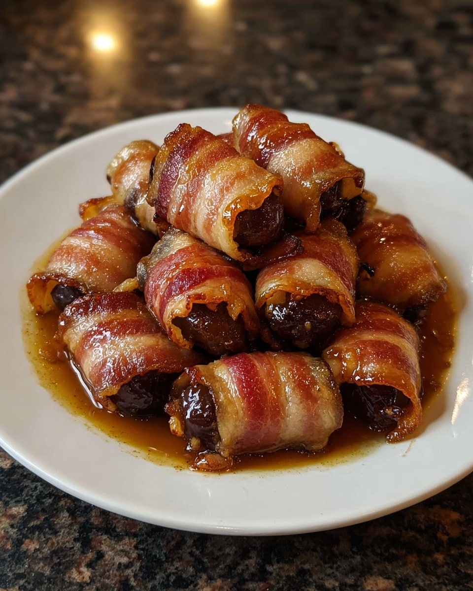 A white round plate holds about a dozen small rolls of dark brown dates wrapped tightly with crispy, light golden brown strips of bacon. The bacon has hints of reddish and white fat areas, and the rolls sit in a shallow pool of shiny, caramel-colored sauce that looks slightly sticky. The rolls are stacked unevenly, giving a sense of depth and texture, with some edges of bacon curling lightly. The plate is on a dark, speckled granite surface. Photo taken with an iphone --ar 4:5 --v 7