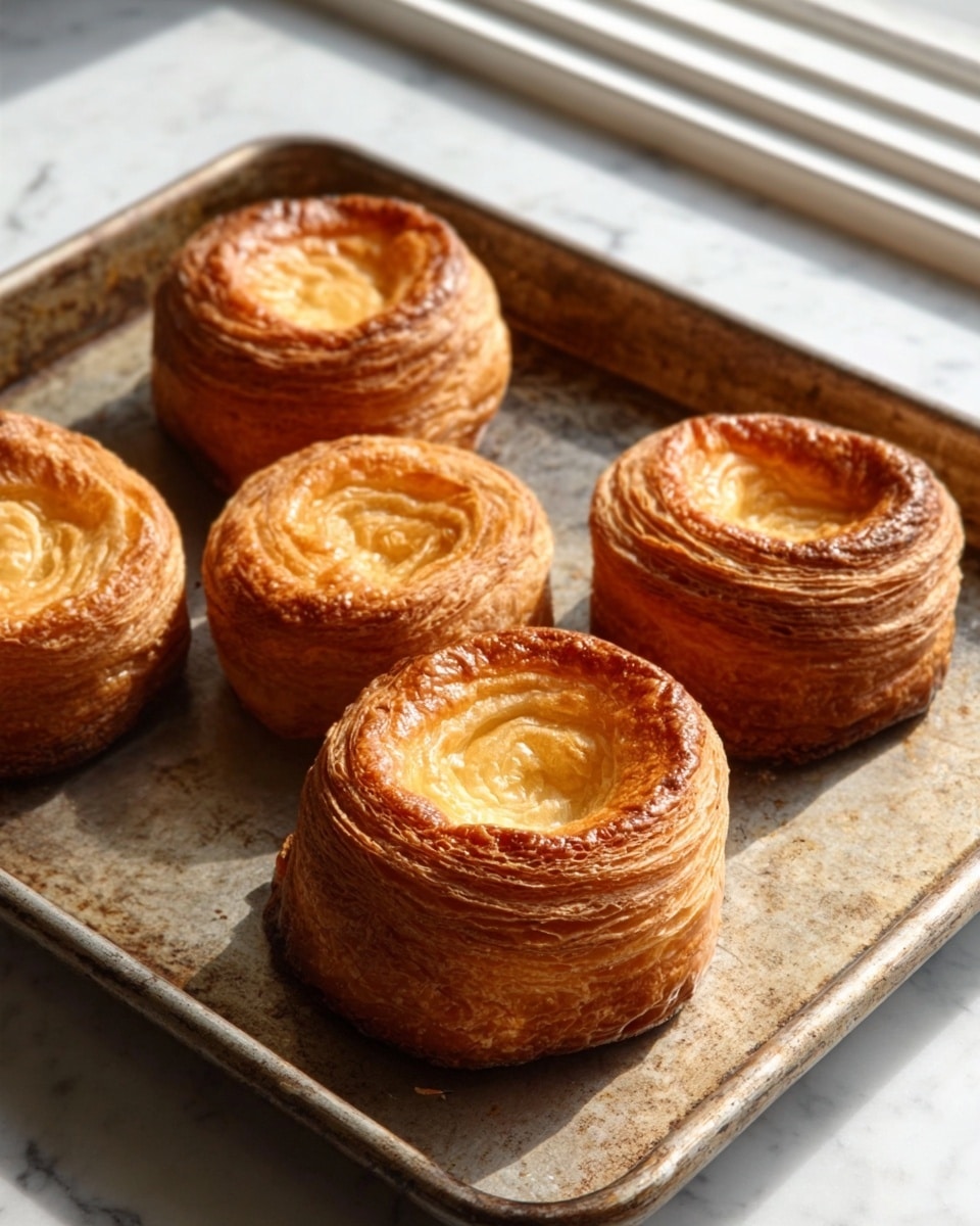 The image shows five golden brown puff pastries on a metal baking tray with a slightly worn look. Each pastry is round with many thin, flaky layers that rise higher on the outer edge and dip in the center. The top has a crispy texture with a shiny finish, showing the soft layers inside. The tray is placed near a window with soft natural light casting gentle shadows on the pastries and the white marbled surface beneath. The photo taken with an iphone --ar 4:5 --v 7