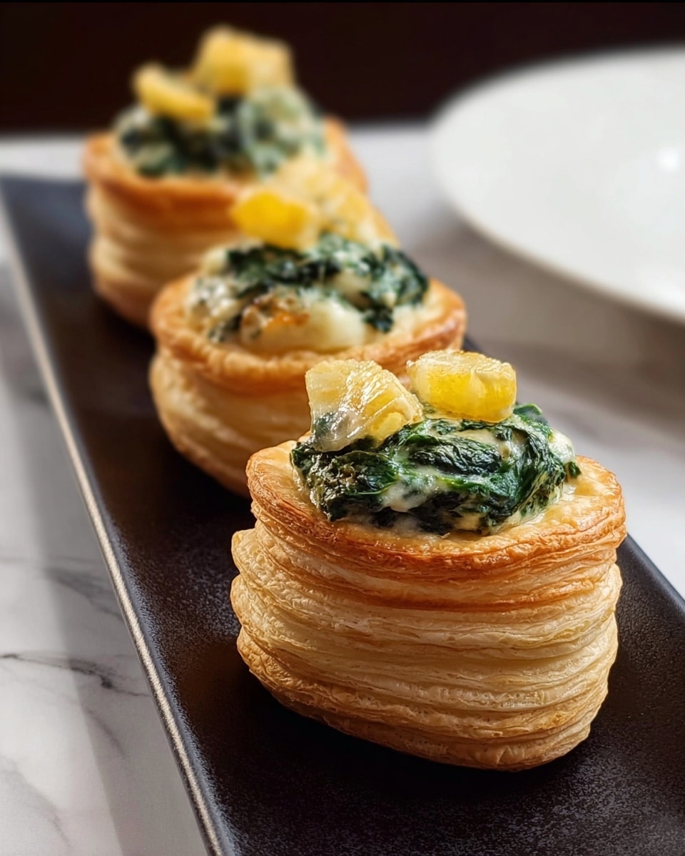 The image shows three puff pastry shells stacked neatly in a row on a long, shiny black rectangular plate. Each shell has many thin, round layers of golden-brown dough forming the base and sides. On top of each puff pastry is a small mound of green spinach mixed with a creamy white sauce and a few yellow pieces, possibly cheese. The background is a white marbled texture, and a white plate is blurred in the distance. The photo taken with an iphone --ar 4:5 --v 7