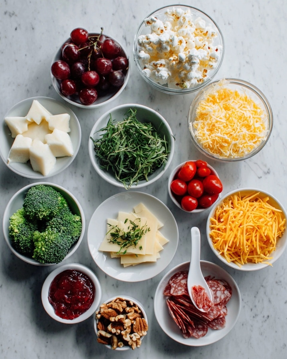 The image shows a white marbled surface with ten small white bowls arranged in a loose circular shape. Each bowl has a different food item: soft white cheese with a star shape, dark red grapes, light popcorn, fresh green herbs, bright cherry tomatoes, thin yellow cheese slices, shredded orange cheese, raw nuts, bright green broccoli, and thin round slices of cured meat. A white spoon with a small amount of red jam or sauce is placed near the bowls. A woman's hand is pointing toward the popcorn bowl. The overall look is colorful with a mix of textures from soft to crunchy and fresh to dry, all neatly placed on the surface. photo taken with an iphone --ar 4:5 --v 7