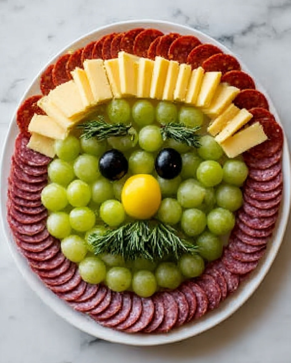 A white plate on a white marbled surface holds a food art arrangement resembling a green face. The base layer is made of round slices of salami placed around the edge of the plate. Above that, the face is formed with a big circle of green grapes closely packed. On top of the grapes, a row of square slices of yellow cheese form the forehead. Two halves of black olives make the eyes, with small dark grapes below for the nose area. Thin green herbs create eyebrows and a mouth shape below the nose. Above the salami, round slices of pepperoni are arranged in a curved line to look like a hat or hair. photo taken with an iphone --ar 4:5 --v 7