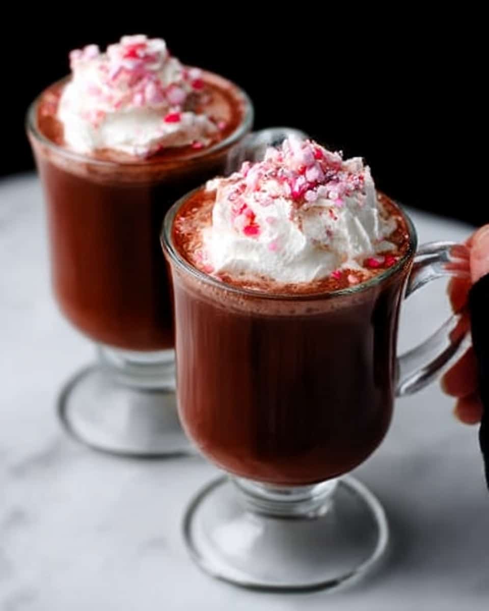 Two clear glass mugs filled with rich dark brown hot chocolate sitting on a white marbled surface, each topped with a thick layer of white whipped cream sprinkled with small pink and white candy pieces, a woman's hand holding one mug on the side, the smooth creamy texture of the whipped cream contrasting with the warm liquid below, the mugs showing the glossy shine of the hot chocolate inside, photo taken with an iphone --ar 4:5 --v 7