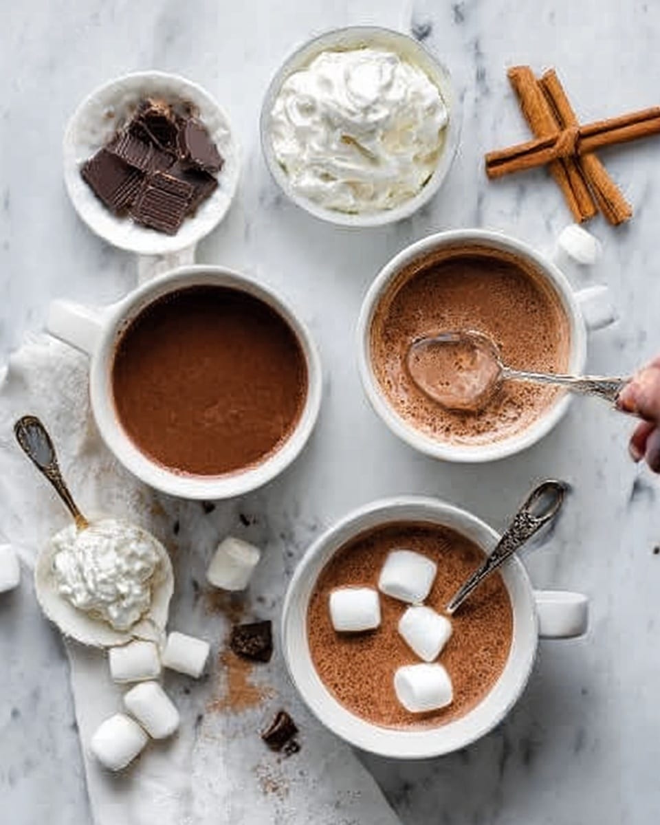 The image shows three white cups filled with hot chocolate, each cup has a different topping. The largest cup on the left is smooth and dark brown, with no toppings. One smaller cup in the middle has whipped cream and a woman's hand holding a spoon above it. The other smaller cup on the right has three white marshmallows floating on top. Around the cups, there is a small white bowl with whipped cream and a spoon, a small white bowl with dark chocolate pieces, some loose marshmallows, dark chocolate chunks, and two cinnamon sticks on a white marbled surface. photo taken with an iphone --ar 4:5 --v 7