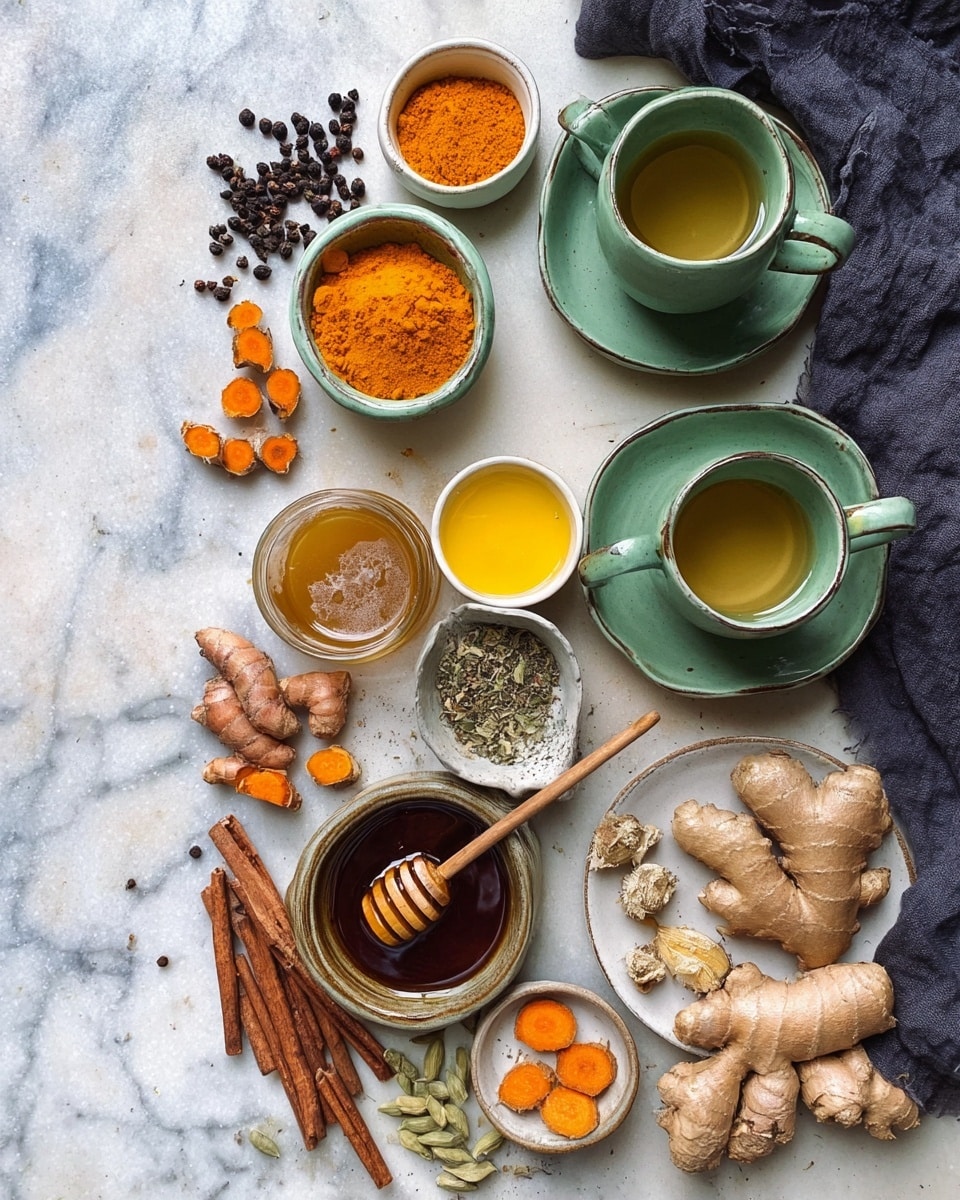 The image shows a top view of a collection of ingredients for a warm spiced tea recipe arranged on a white marbled surface. There are two stacked green ceramic cups and saucers placed on the right side, one near the top and one near the bottom. Around the cups, there are small white bowls and cups filled with various spices and ingredients: bright orange turmeric powder in a bowl near the top, thick golden yellow ghee in a small glass container below it, dark brown honey in a clay bowl with a honey dipper resting inside, and a small white cup with light brown ground cinnamon near the lower cup. Around these are spices scattered and placed: whole cinnamon sticks laid across the bottom left, fresh ginger root on the bottom right, cardamom pods, black peppercorns, sliced fresh turmeric root on a white plate near the top, and a small bowl of dried herb mix near the bottom. A dark cloth is draped softly in the upper right corner behind the turmeric slices. photo taken with an iphone --ar 4:5 --v 7