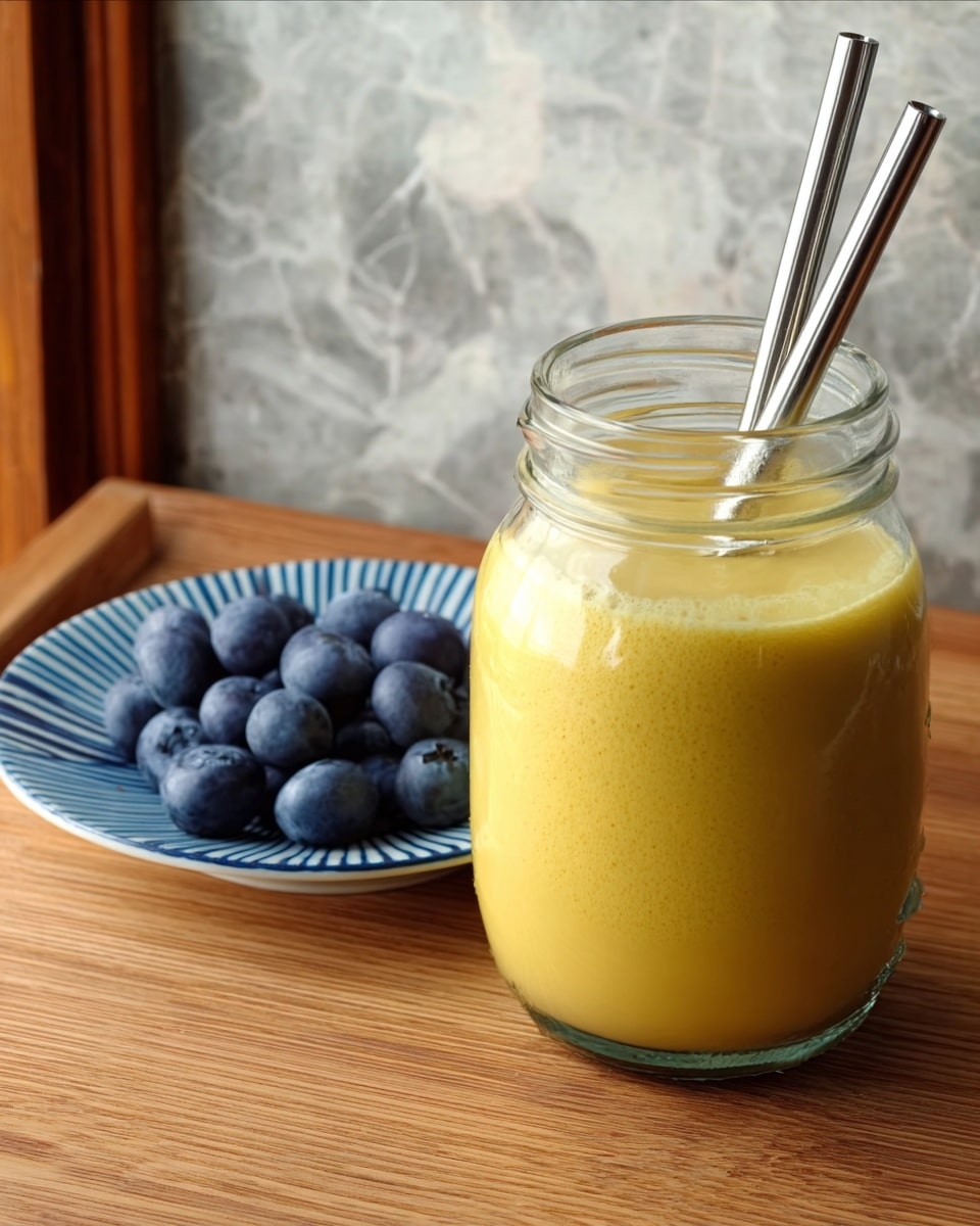 The image shows a glass jar filled with a thick yellow smoothie or juice. The jar is clear, and two metal straws stick out from the top. To the right side of the jar is a white plate with blue stripes holding a pile of fresh blueberries. The setting is on a wooden table with a white marbled texture background. The colors are warm and natural, focusing on yellow and blue tones. photo taken with an iphone --ar 4:5 --v 7