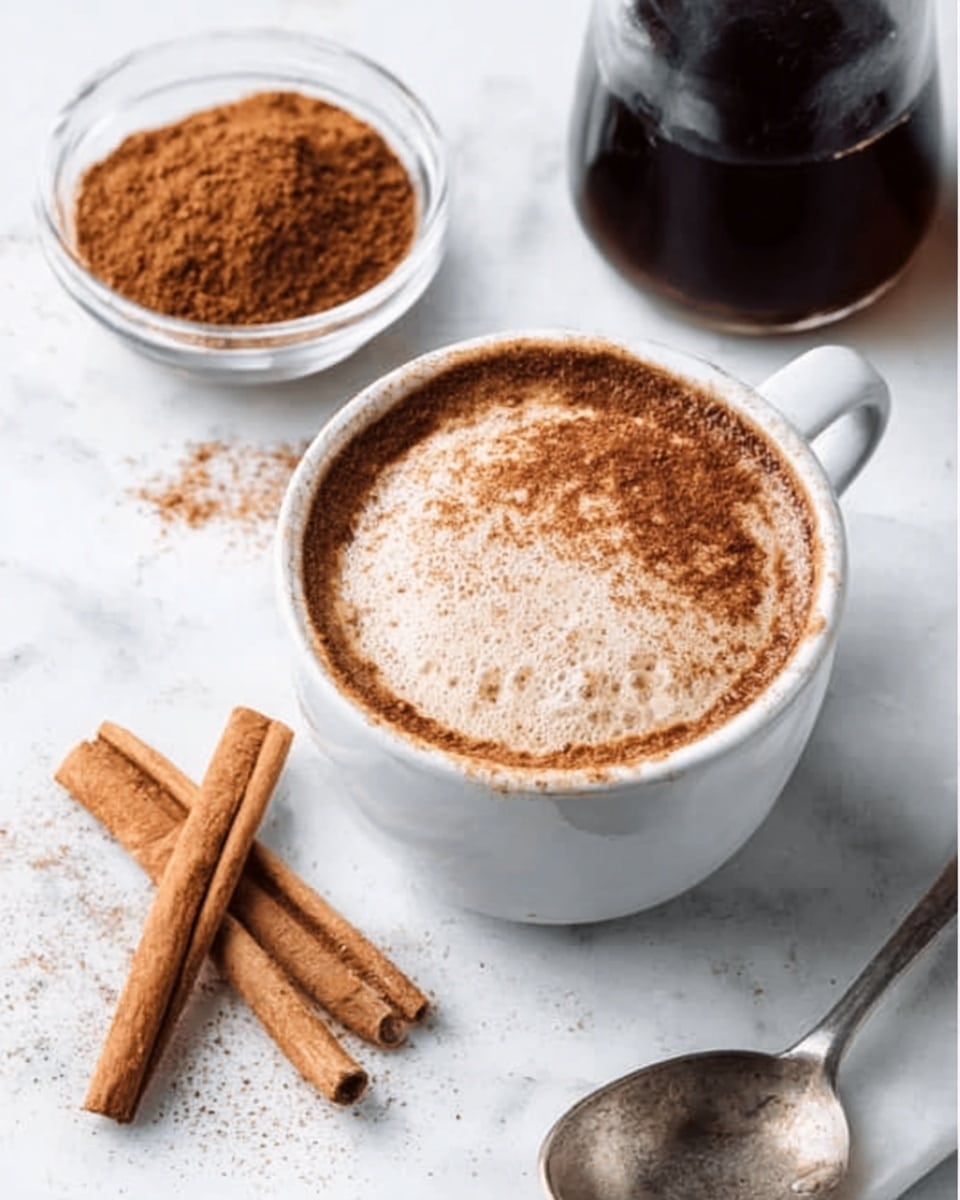 A white cup filled with coffee topped with a layer of light brown foam and sprinkled with a fine dusting of cinnamon powder. The cup is placed on a white marbled surface next to two cinnamon sticks. Nearby, there is a small clear glass bowl containing a heap of ground cinnamon and a glass container with a dark liquid, likely coffee. A silver spoon is partly visible in the bottom right corner. photo taken with an iphone --ar 4:5 --v 7