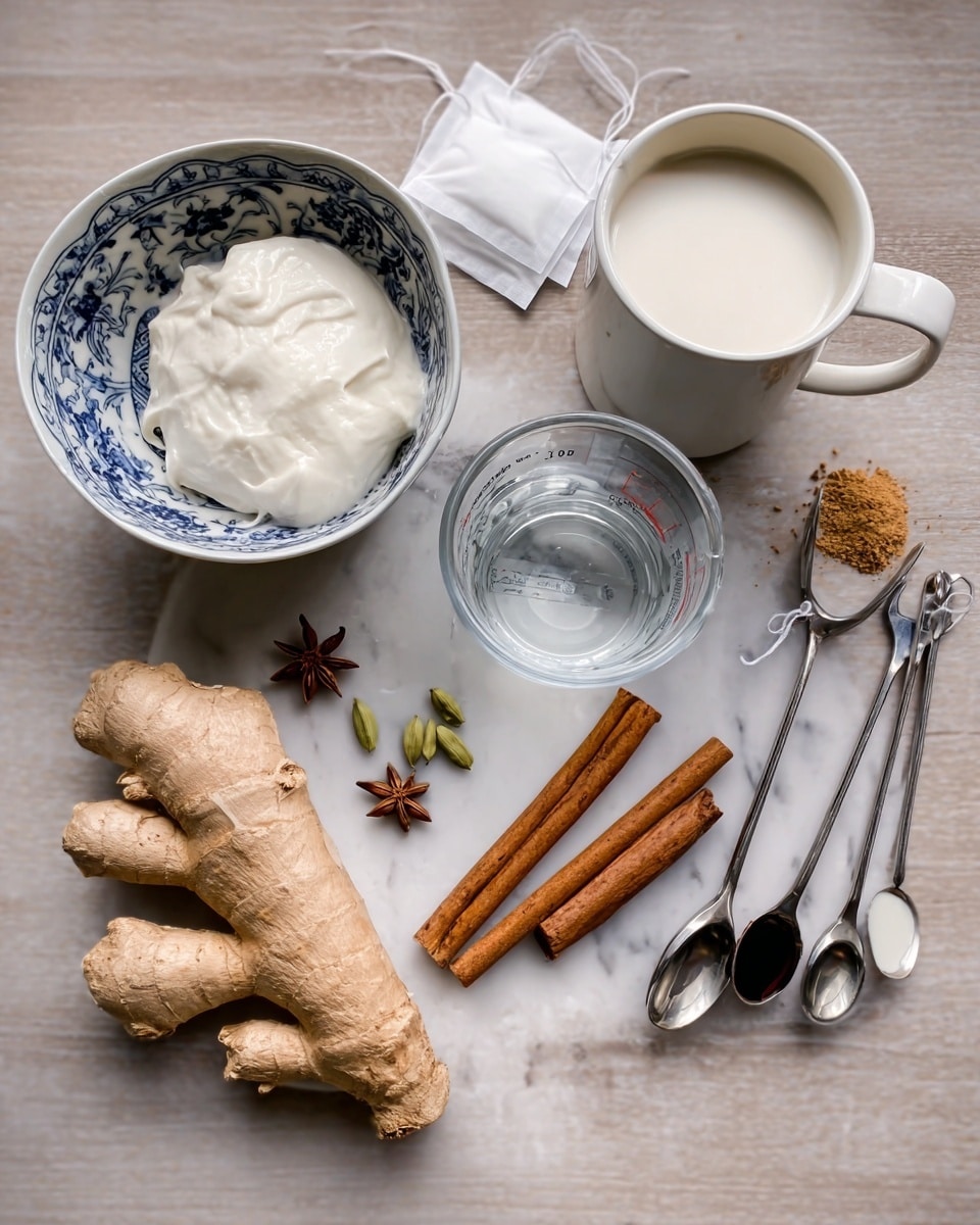 The image shows a set of ingredients on a white marbled surface. There is a white bowl with blue patterns filled with a soft white substance sitting at the left side. Next to it, a clear glass measuring cup contains water. In front of the cup, fresh ginger roots with rough light brown skin are placed. To the right, there are two cinnamon sticks positioned horizontally. Between the ginger and cinnamon, three small brown star anise pods and a green cardamom pod are arranged. Above the spices, two white tea bags rest near a white mug partly filled with frothy milk or cream. On the right side, there are three metal measuring spoons containing dark and light powders or liquids. The whole scene is well lit, showing texture and color clearly. photo taken with an iphone --ar 4:5 --v 7