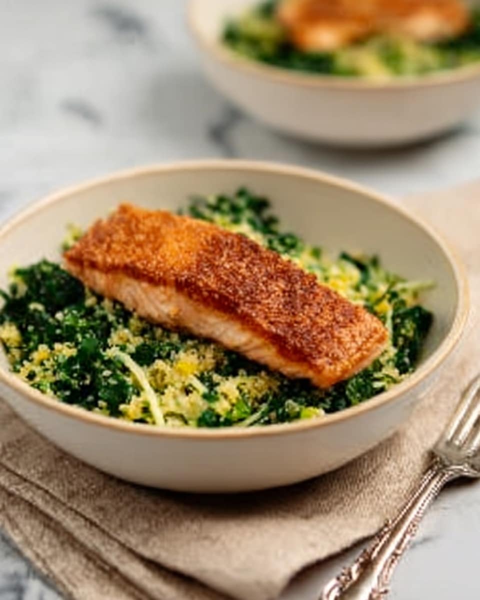 The image shows a white bowl filled with a bed of finely chopped green vegetables mixed with some light yellow grains, giving a textured, fresh base. On top of this green and yellow layer lies a piece of cooked salmon, its surface a crispy golden brown with a slightly rough texture. The salmon is placed in the center, stretching across the bowl. The bowl sits on a soft beige cloth with a silver fork beside it, all set on a white marbled surface. In the background, there is a blurred second bowl with similar contents. Photo taken with an iphone --ar 4:5 --v 7