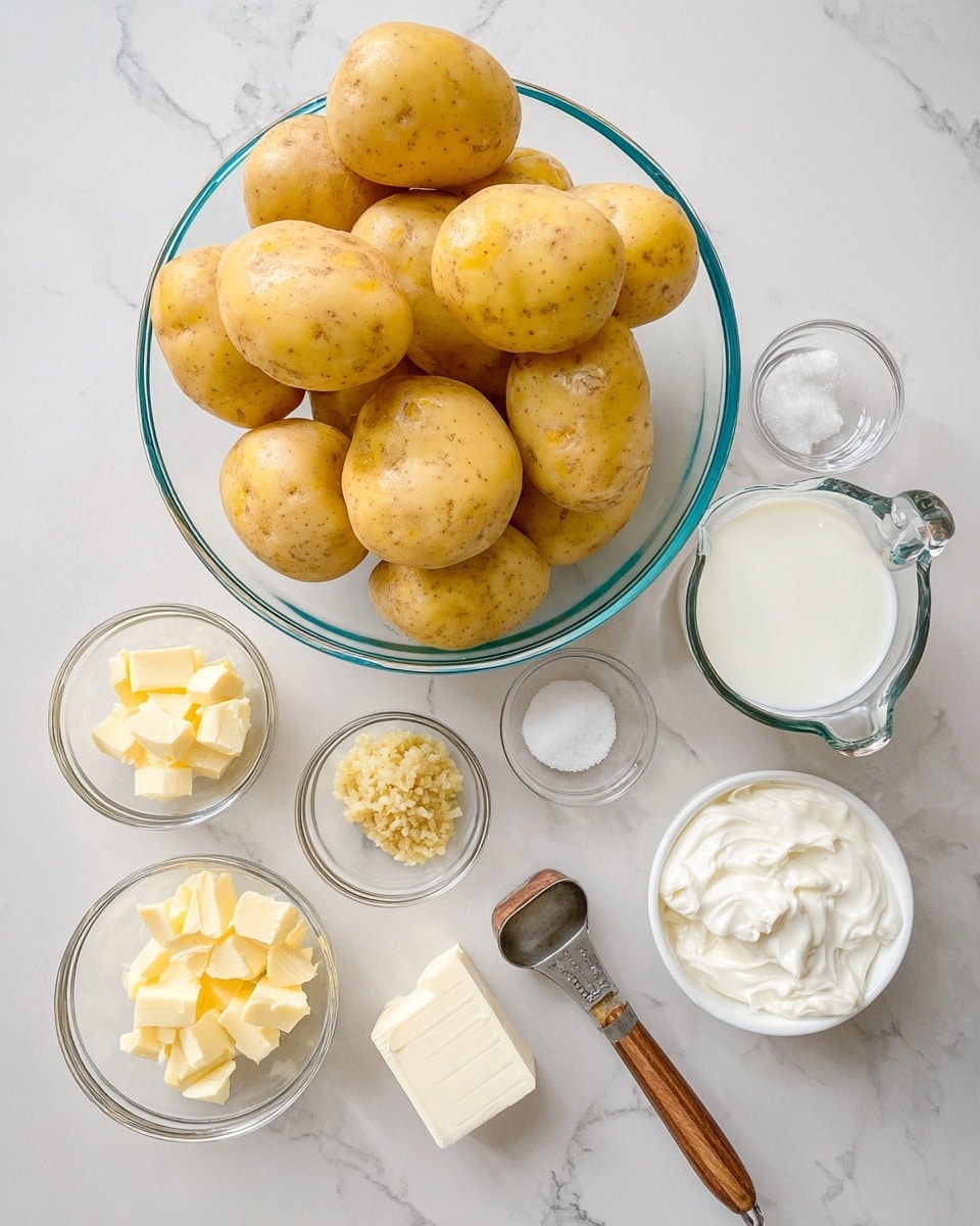 The image shows a top view of raw yellow potatoes arranged in a clear glass bowl and scattered on a white marbled surface. Surrounding the potatoes are small glass bowls with different ingredients: beige minced garlic, pale yellow butter cubes, and white salt. There is also a clear glass measuring cup filled with white milk, a small white bowl holding a block of cream cheese, and a metal measuring cup with a wooden handle containing white sour cream. Everything is placed neatly on the white marbled surface. Photo taken with an iphone --ar 4:5 --v 7
